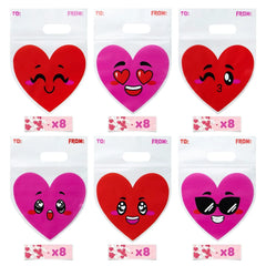 Valentine's Day Cellophane Gift Bags - 48 Pack Red Pink Heart Design, Candy Treat Bags for Kids Party Favors, Classroom Exchange Prizes & Cookie Bags