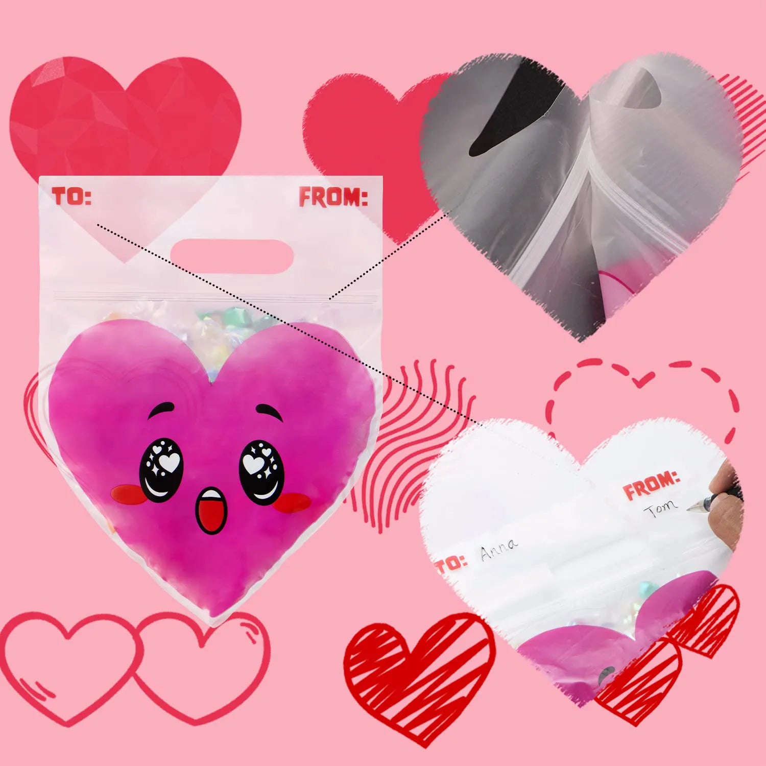 Valentine's Day Cellophane Gift Bags - 48 Pack Red Pink Heart Design, Candy Treat Bags for Kids Party Favors, Classroom Exchange Prizes & Cookie Bags