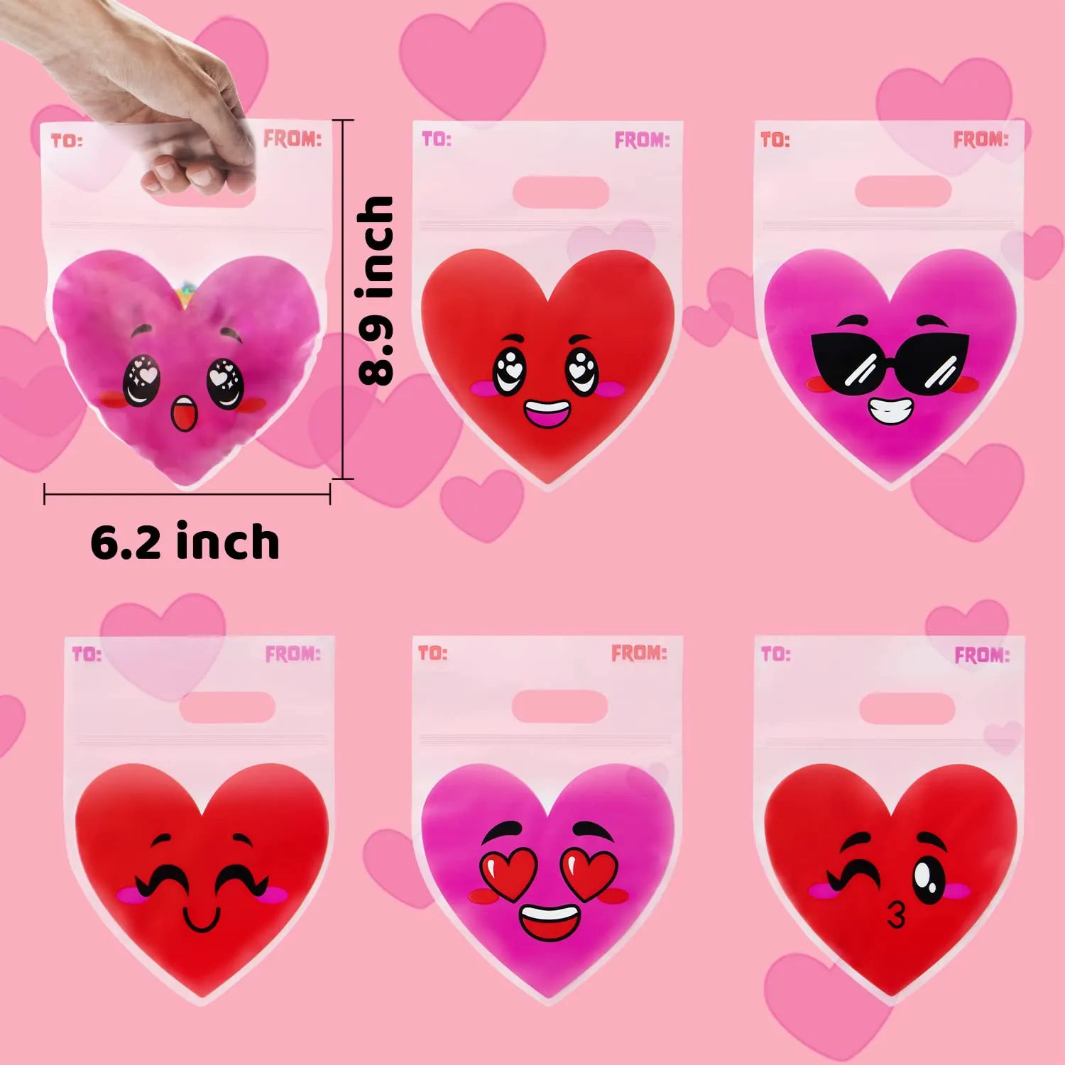 Valentine's Day Cellophane Gift Bags - 48 Pack Red Pink Heart Design, Candy Treat Bags for Kids Party Favors, Classroom Exchange Prizes & Cookie Bags