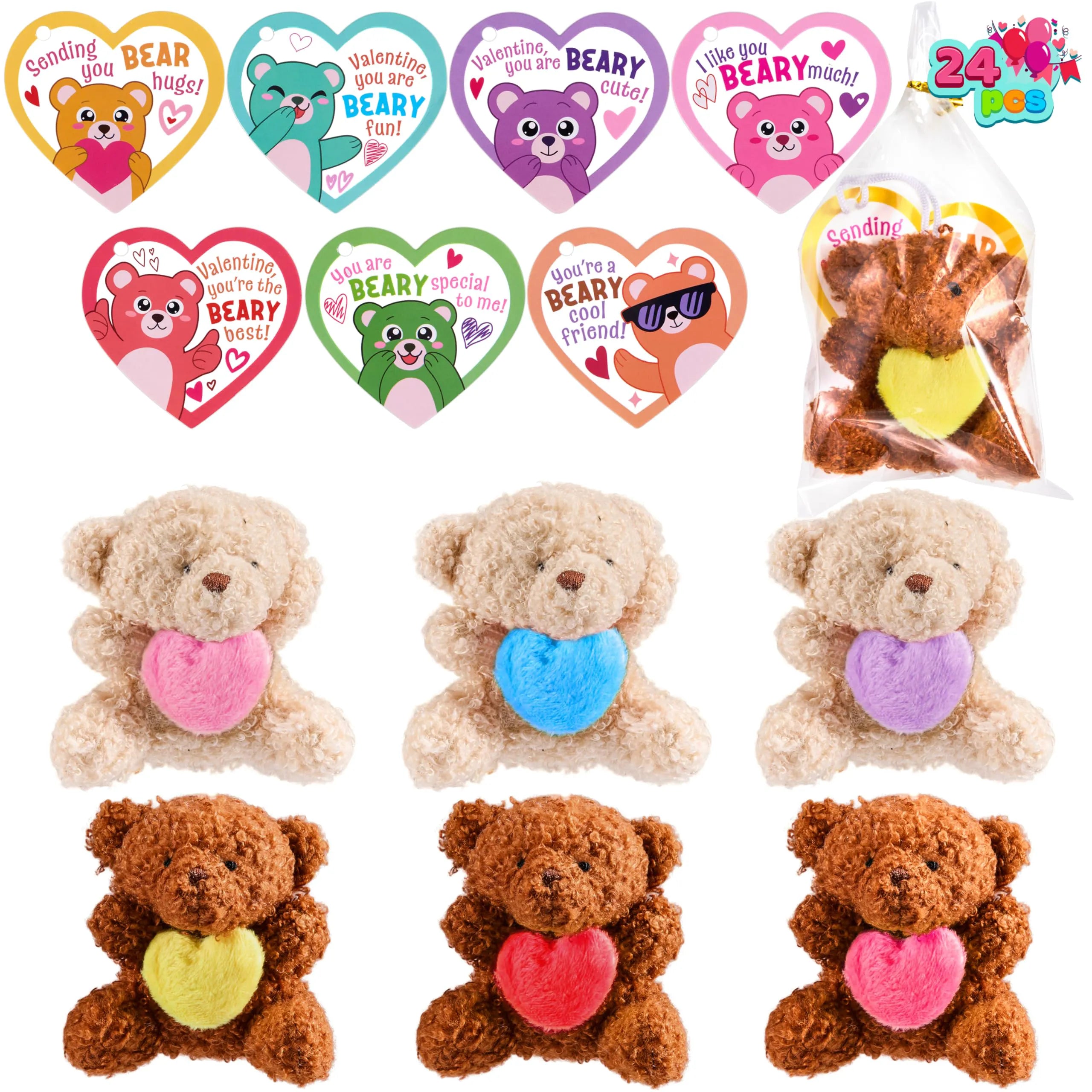 Valentine's Day Party Favors Bulk 24 Pack - Plush Teddy Bears Holding Hearts with Cards