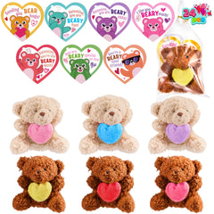 Valentine's Day Party Favors Bulk 24 Pack - Plush Teddy Bears Holding Hearts with Cards
