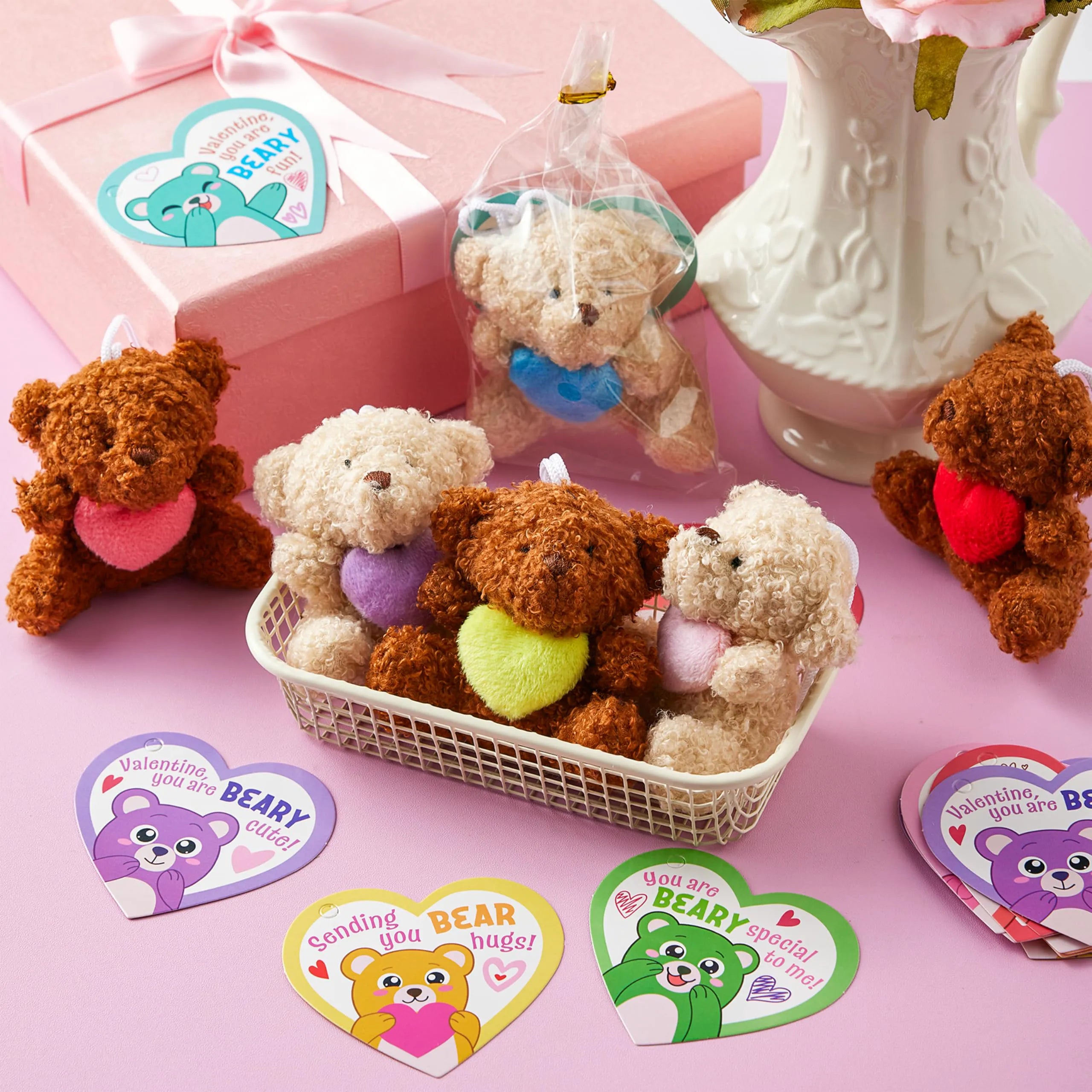 Valentine's Day Party Favors Bulk 24 Pack - Plush Teddy Bears Holding Hearts with Cards