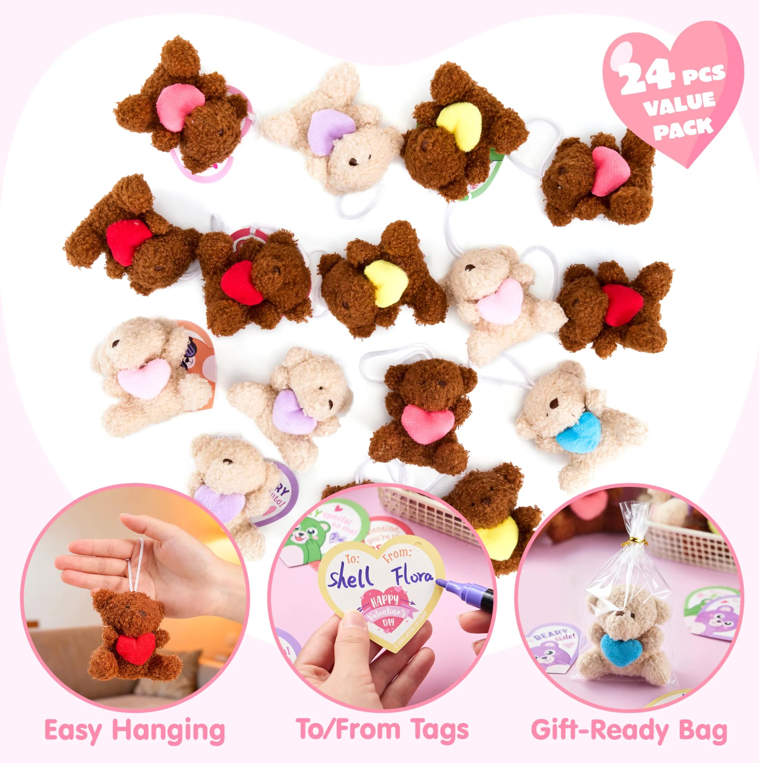 Valentine's Day Party Favors Bulk 24 Pack - Plush Teddy Bears Holding Hearts with Cards