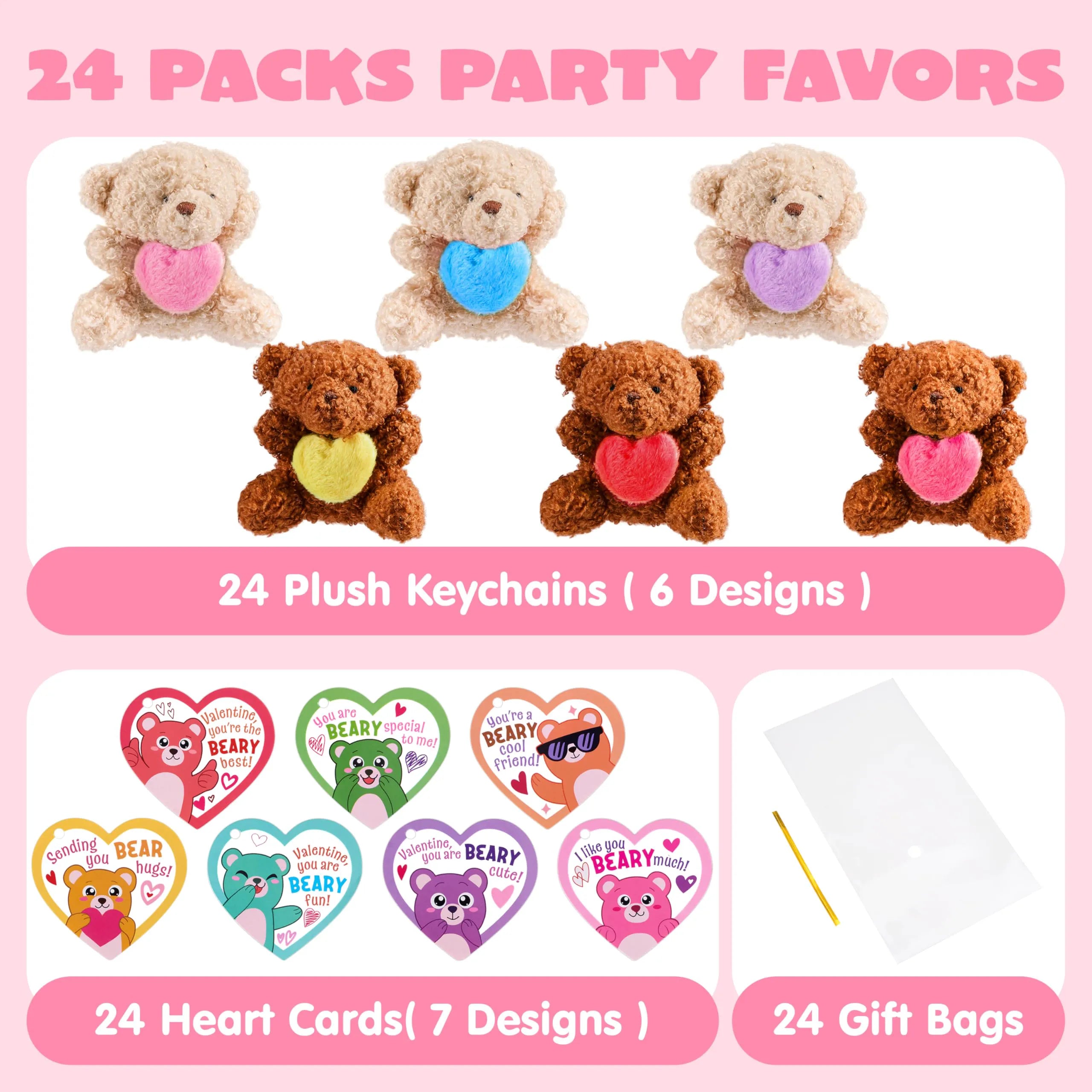 Valentine's Day Party Favors Bulk 24 Pack - Plush Teddy Bears Holding Hearts with Cards