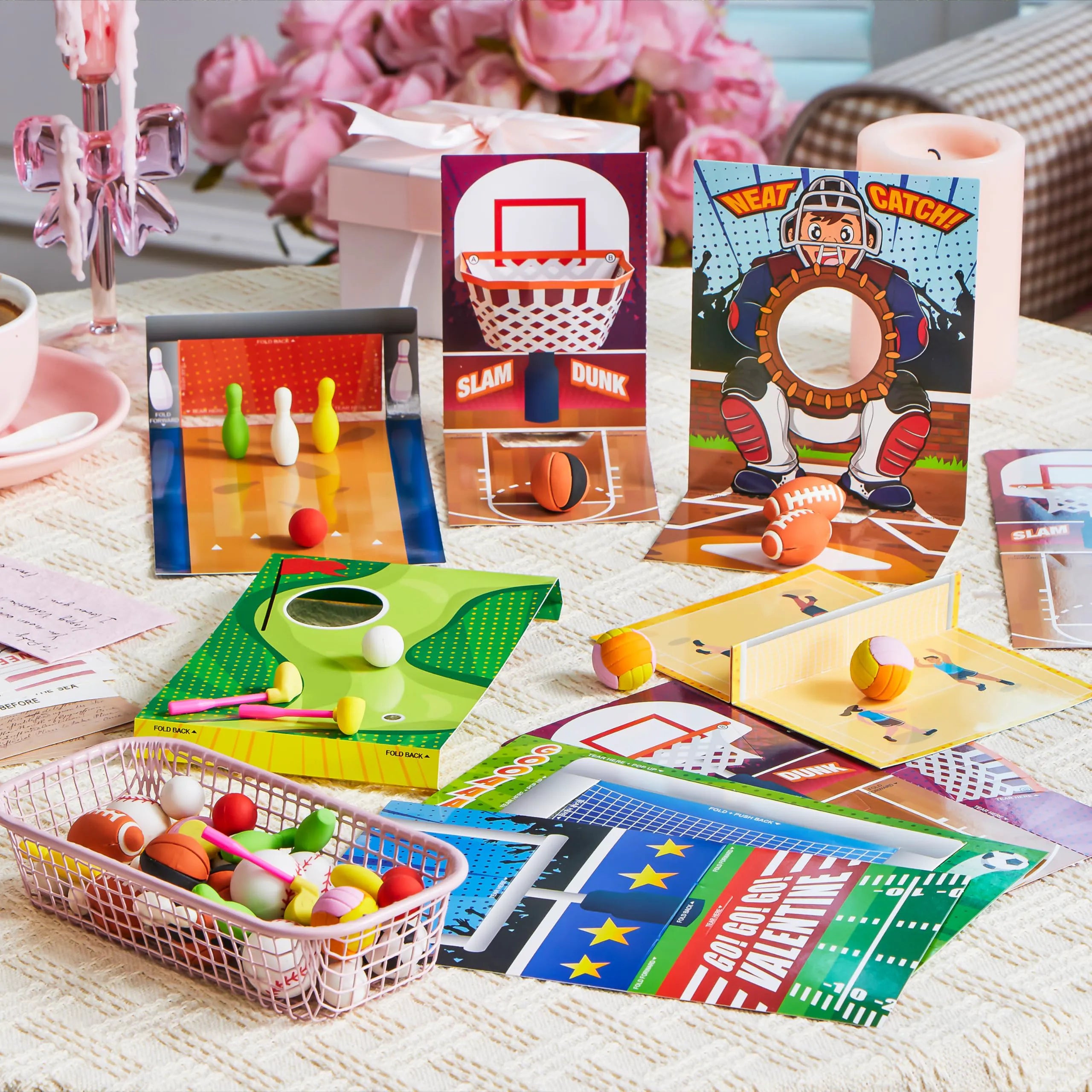 Valentine's Day Sports Party Favors for Kids - 28 Game Cards + 7 Mini Sports Ball Erasers (Football, Basketball, Soccer) | Class Prizes & Goodie Bag Stuffers