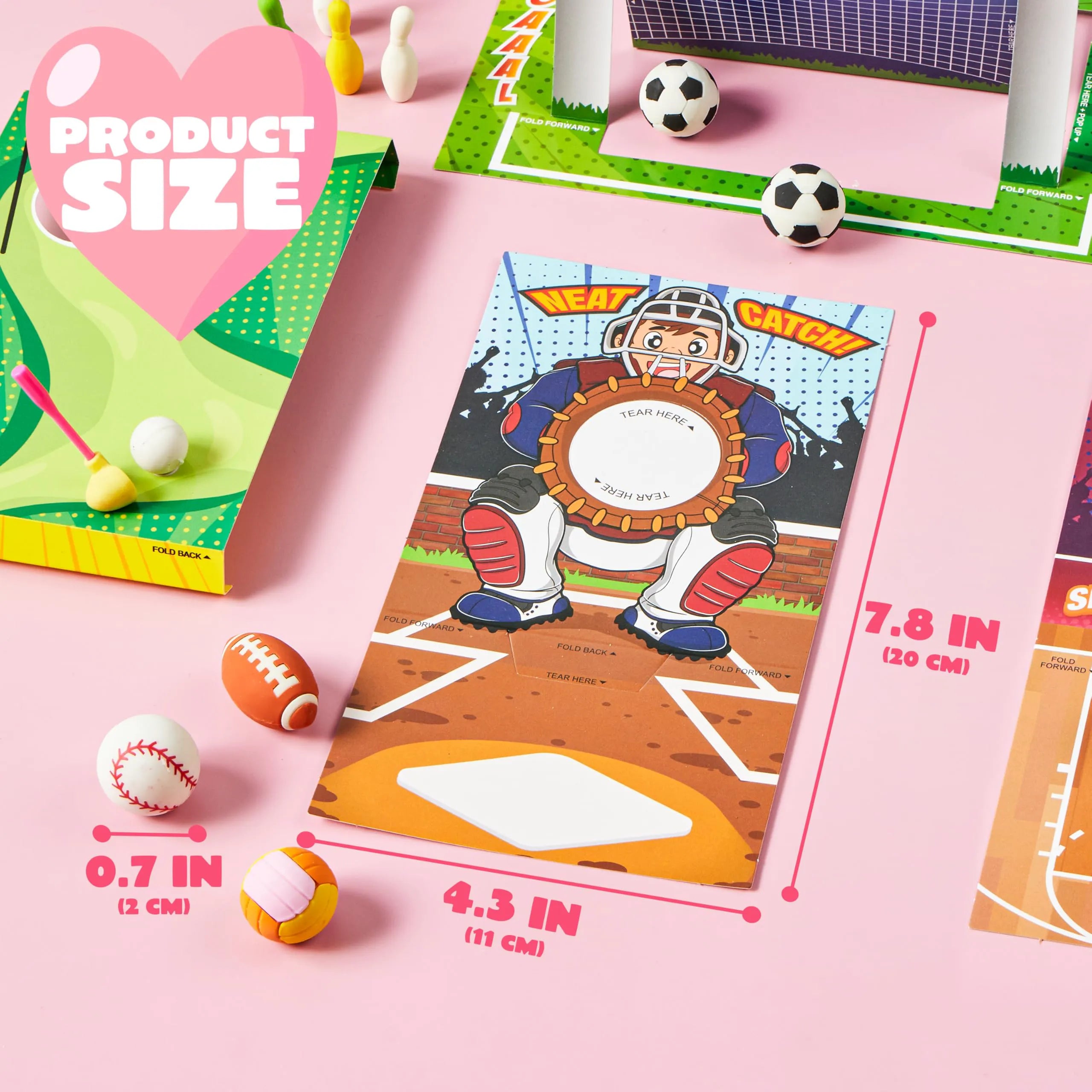 Valentine's Day Sports Party Favors for Kids - 28 Game Cards + 7 Mini Sports Ball Erasers (Football, Basketball, Soccer) | Class Prizes & Goodie Bag Stuffers