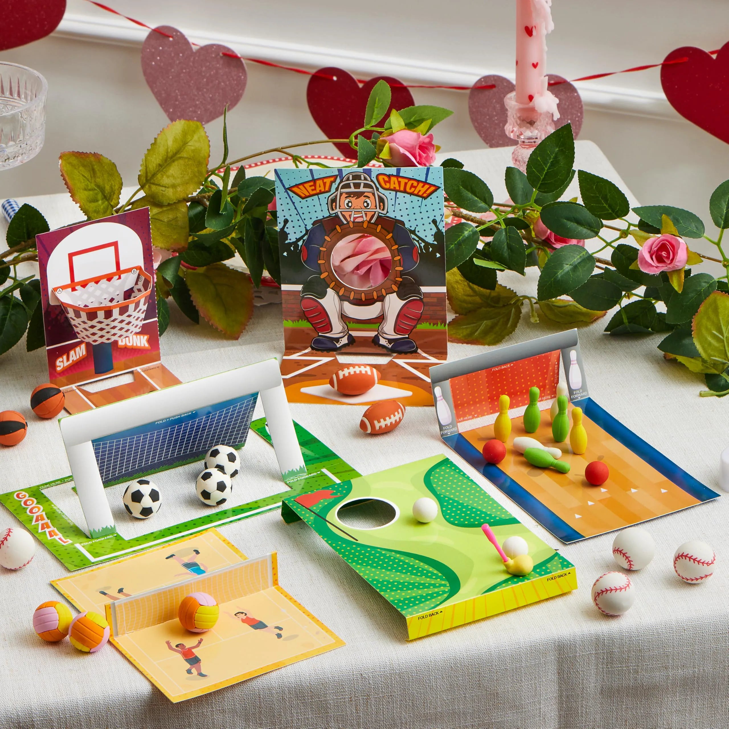 Valentine's Day Sports Party Favors for Kids - 28 Game Cards + 7 Mini Sports Ball Erasers (Football, Basketball, Soccer) | Class Prizes & Goodie Bag Stuffers