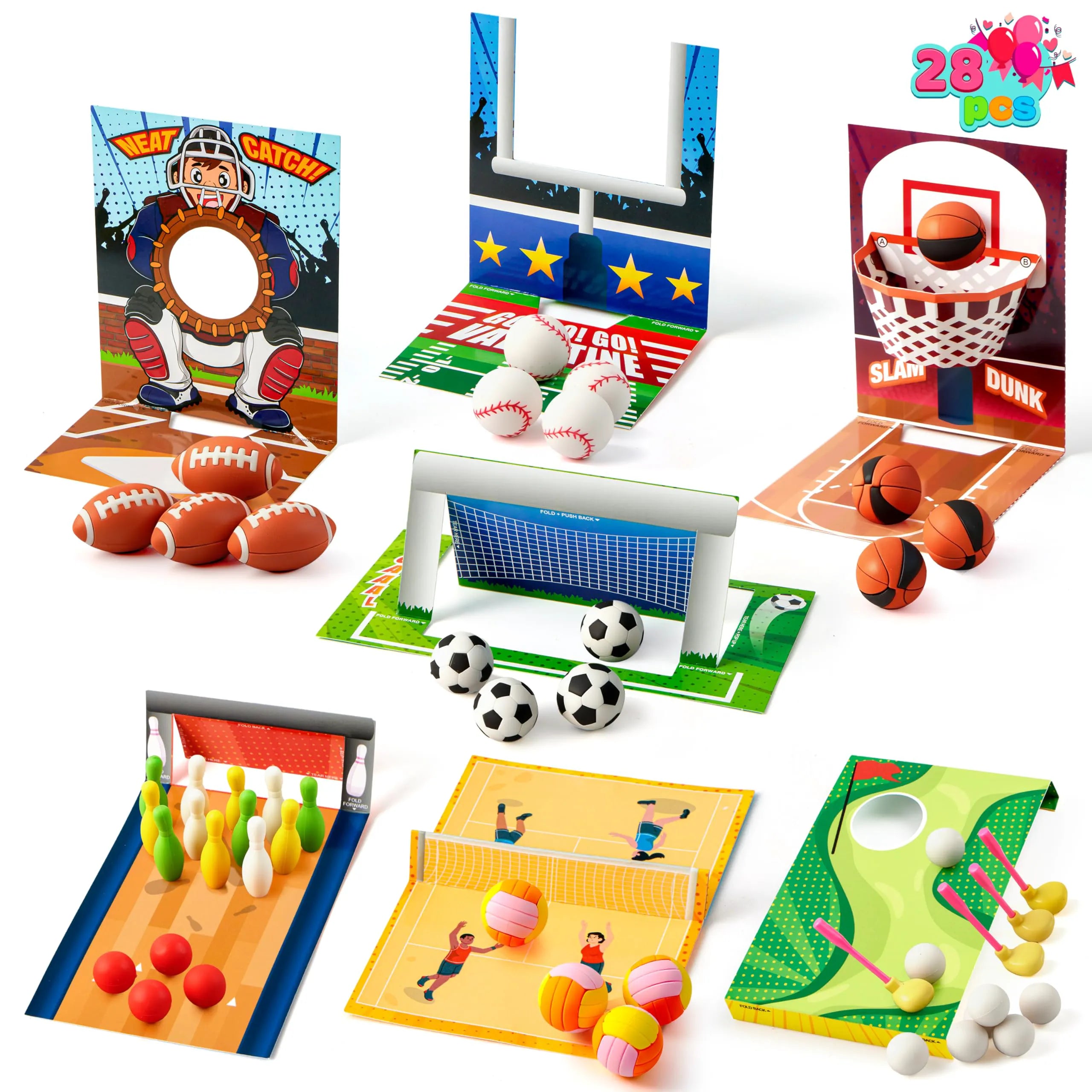 Valentine's Day Sports Party Favors for Kids - 28 Game Cards + 7 Mini Sports Ball Erasers (Football, Basketball, Soccer) | Class Prizes & Goodie Bag Stuffers