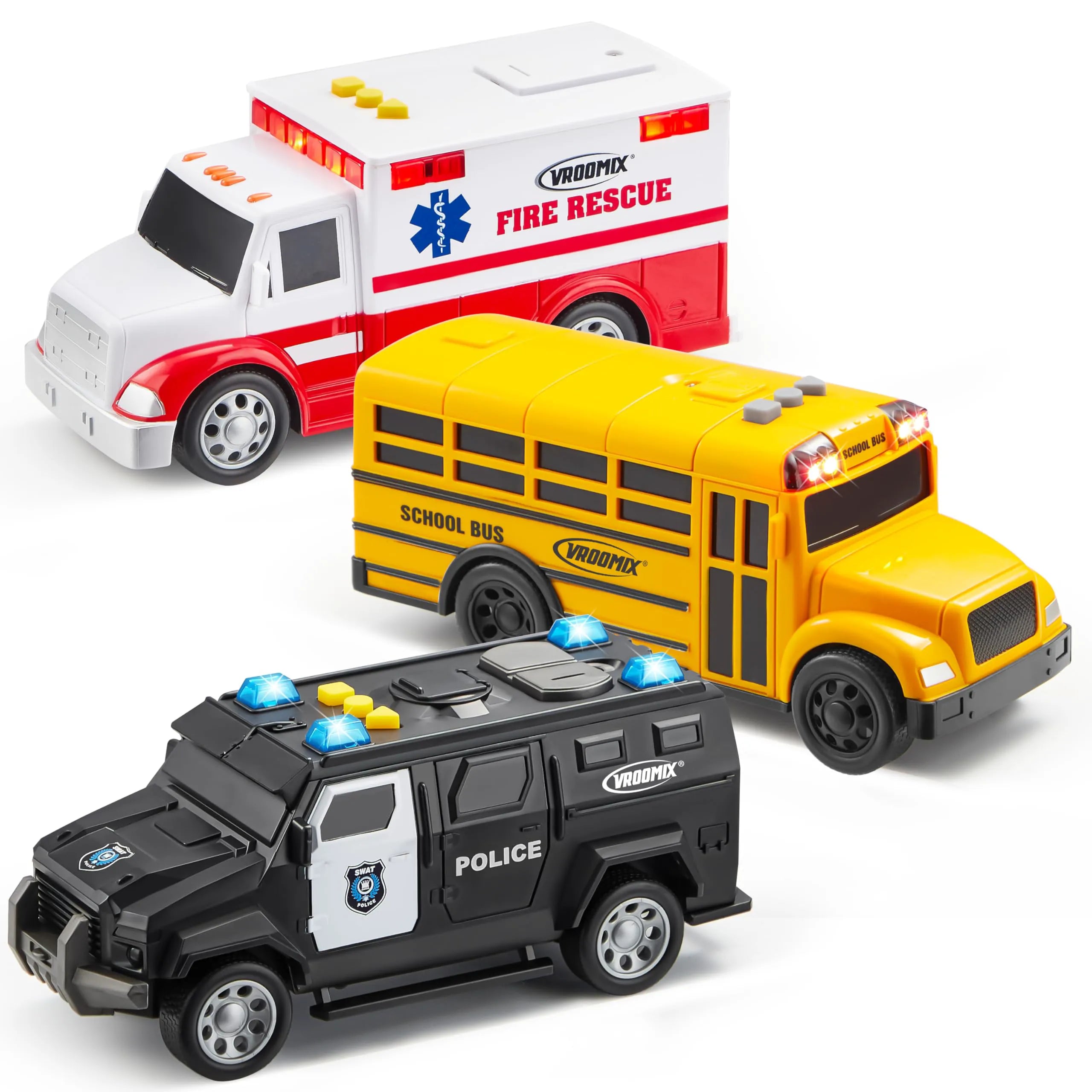 Vroomix 3 Pack Emergency & School Bus Toy Set - Friction Powered with Lights and Sounds, Educational Toy for Kids 3+