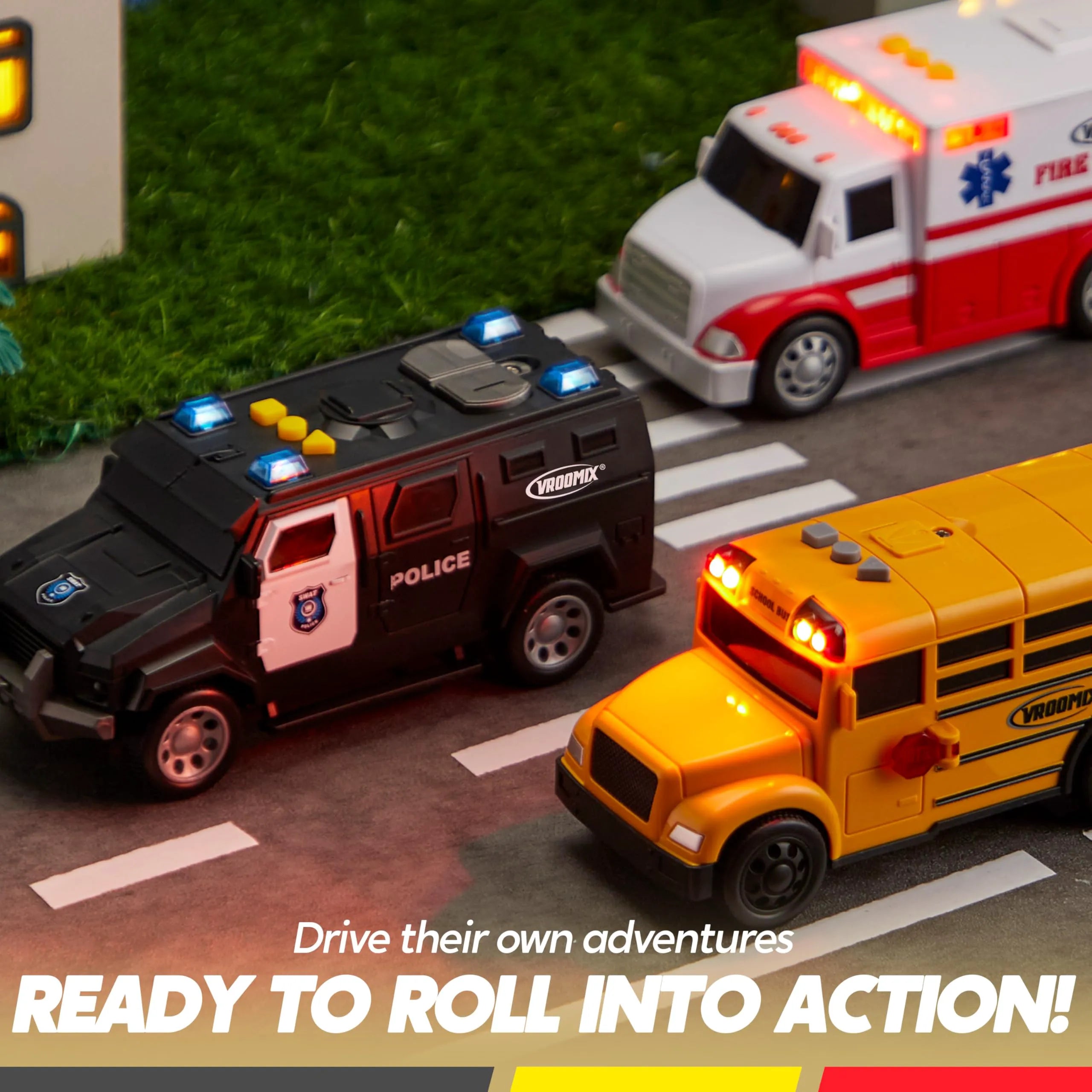 Vroomix 3 Pack Emergency & School Bus Toy Set - Friction Powered with Lights and Sounds, Educational Toy for Kids 3+