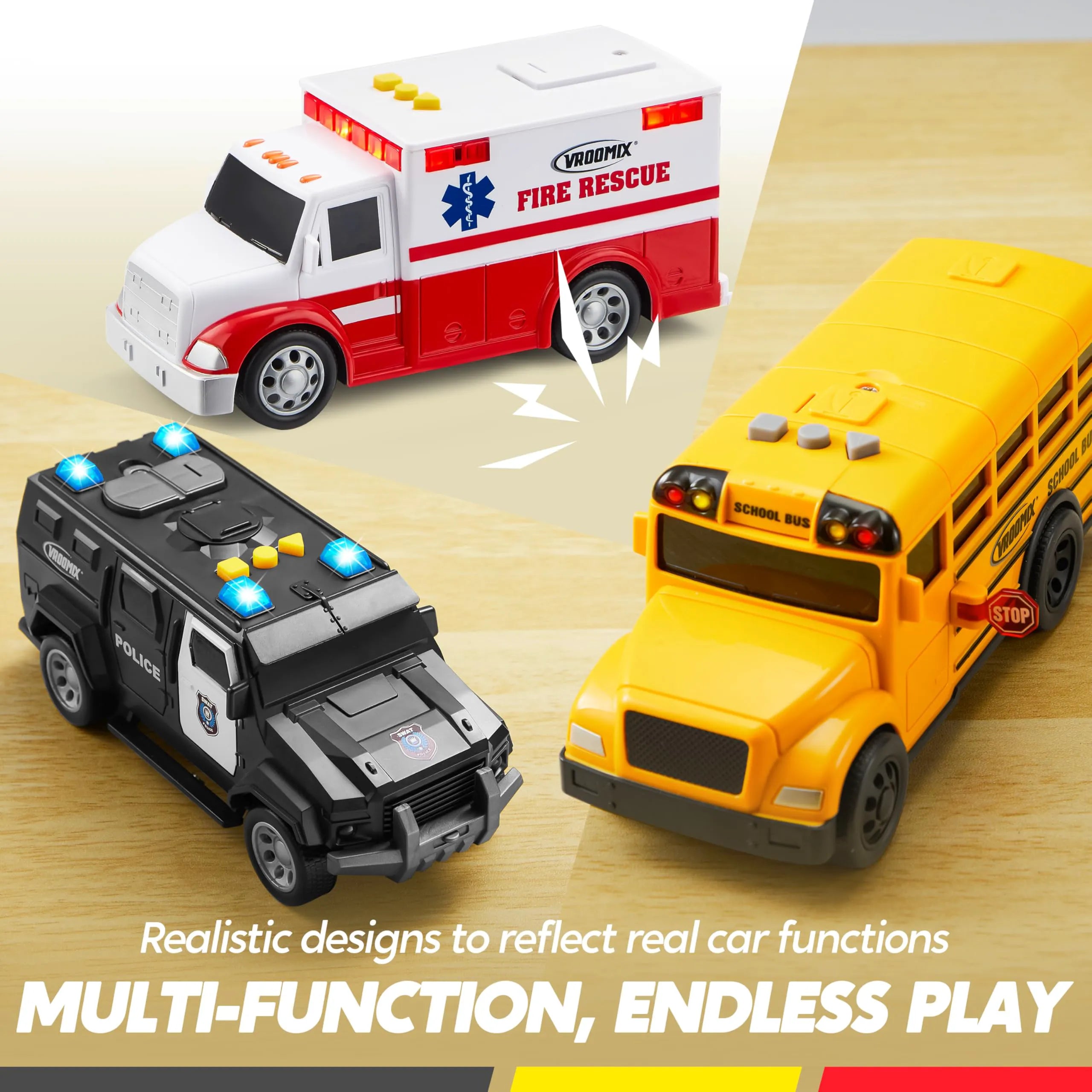 Vroomix 3 Pack Emergency & School Bus Toy Set - Friction Powered with Lights and Sounds, Educational Toy for Kids 3+