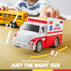 Vroomix 3 Pack Emergency & School Bus Toy Set - Friction Powered with Lights and Sounds, Educational Toy for Kids 3+