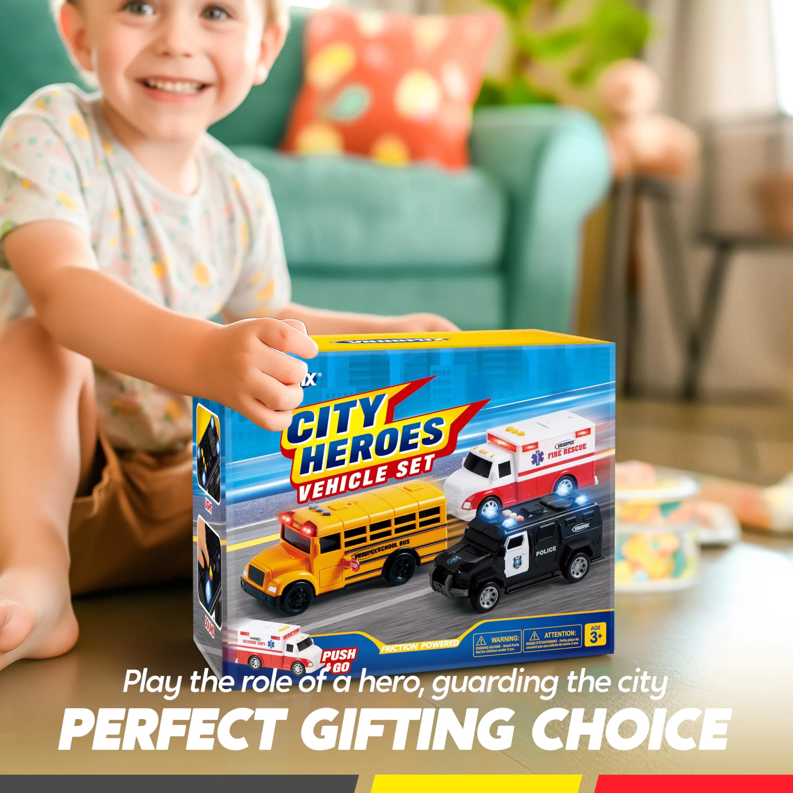 Vroomix 3 Pack Emergency & School Bus Toy Set - Friction Powered with Lights and Sounds, Educational Toy for Kids 3+