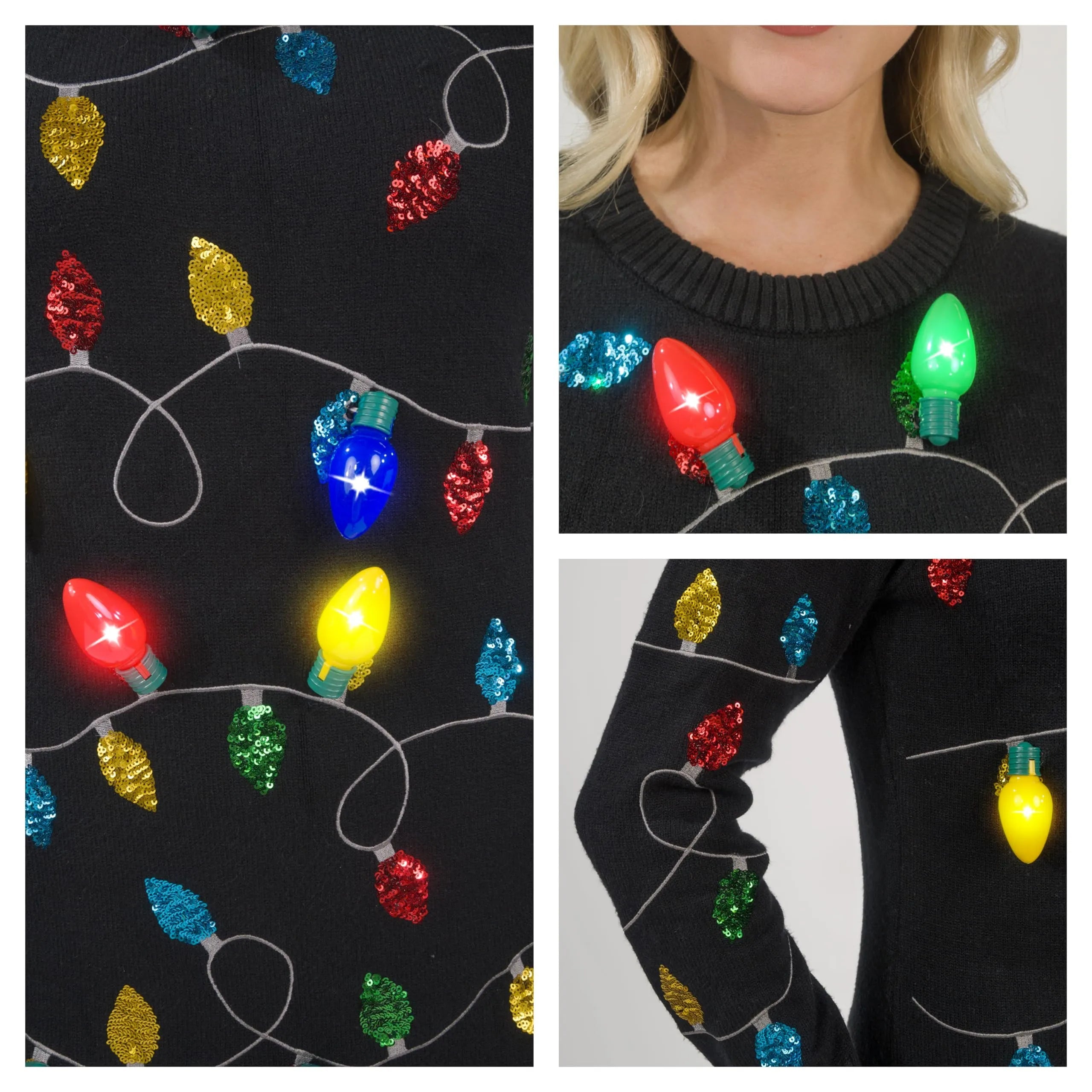 Women's Black Long Christmas Sweater Dress with Colorful Light-Up Bulbs