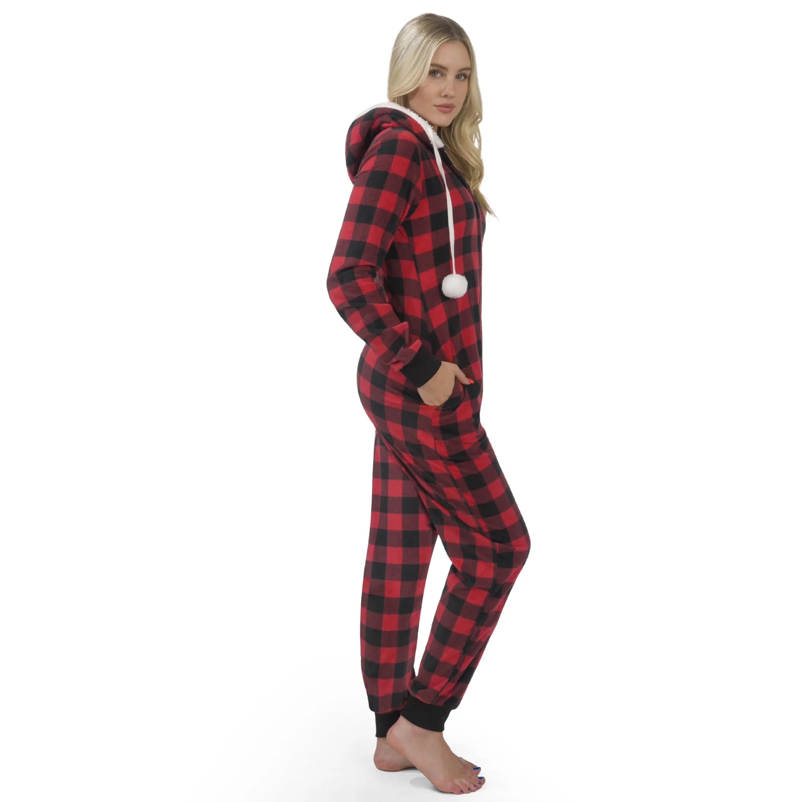 Women's Red Plaid Flannel Pajama Set with Hood and Sherpa Lining