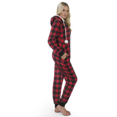 Women's Red Plaid Flannel Pajama Set with Hood and Sherpa Lining