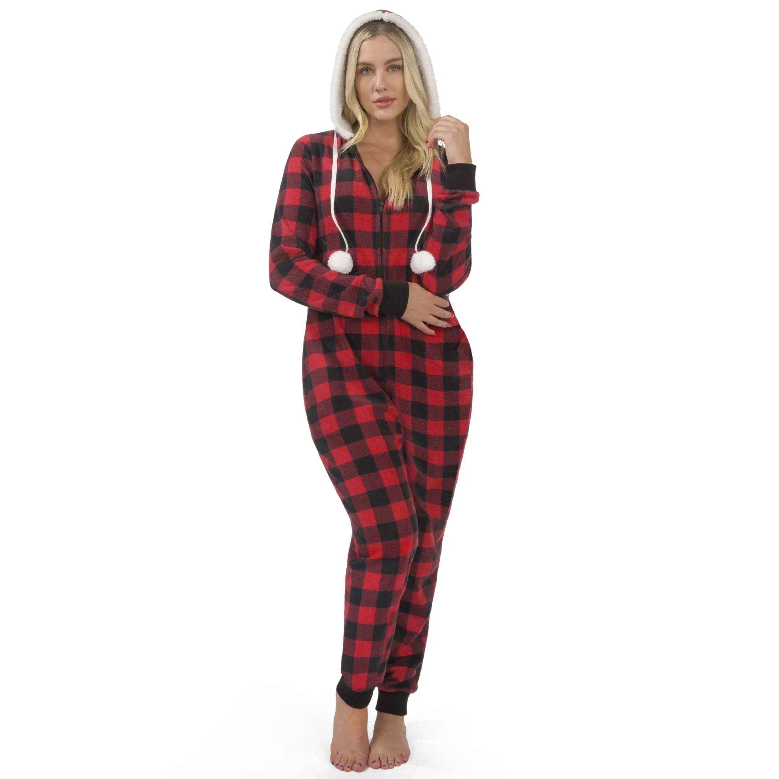Women's Red Plaid Flannel Pajama Set with Hood and Sherpa Lining