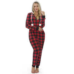Women's Red Plaid Flannel Pajama Set with Hood and Sherpa Lining