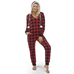 Women's Red Plaid Flannel Pajama Set with Hood and Sherpa Lining