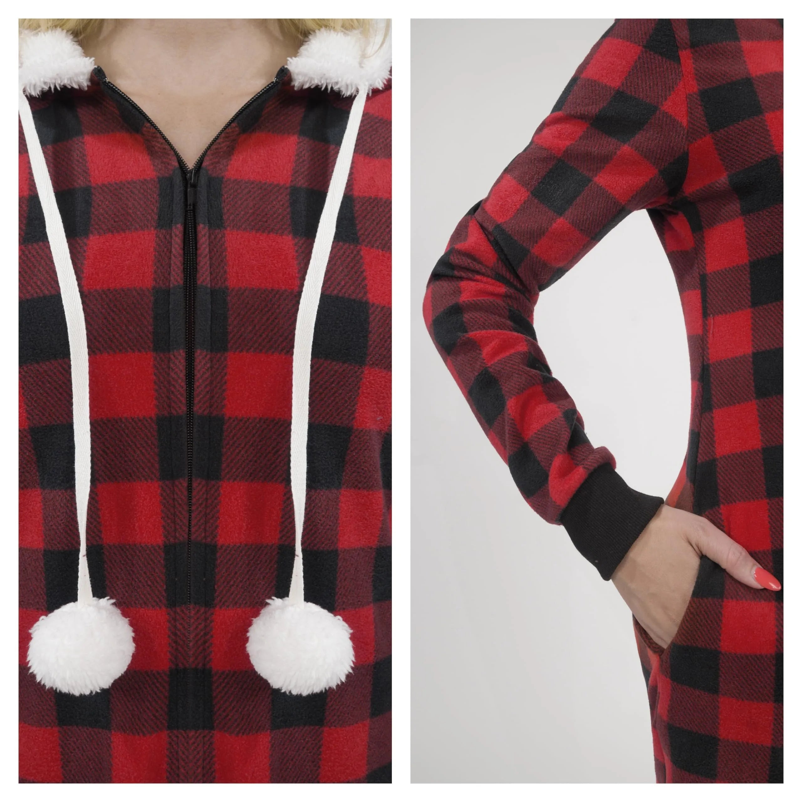 Women's Red Plaid Flannel Pajama Set with Hood and Sherpa Lining