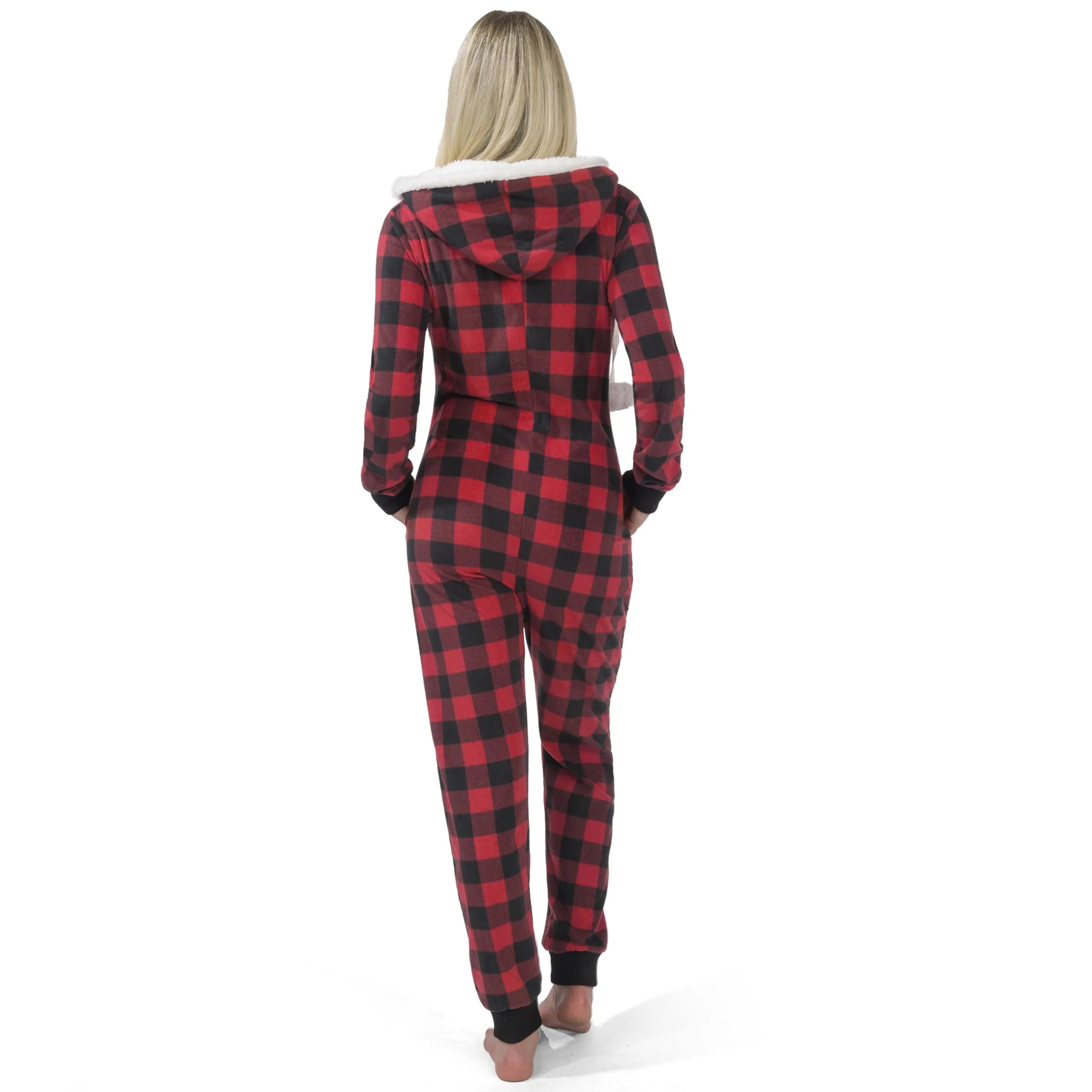 Women's Red Plaid Flannel Pajama Set with Hood and Sherpa Lining