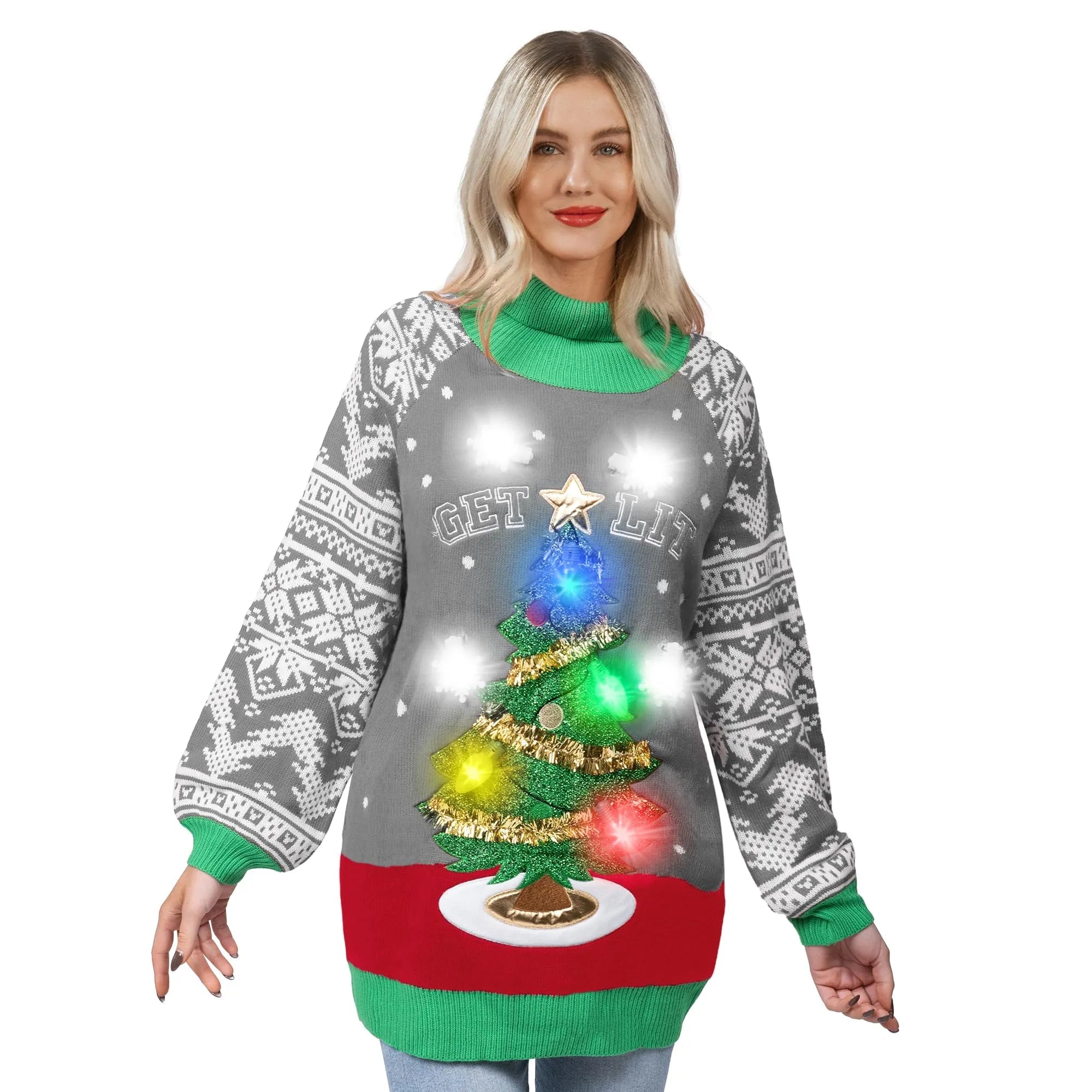 Women's LED Light-Up Ugly Christmas Tree Long Sweater