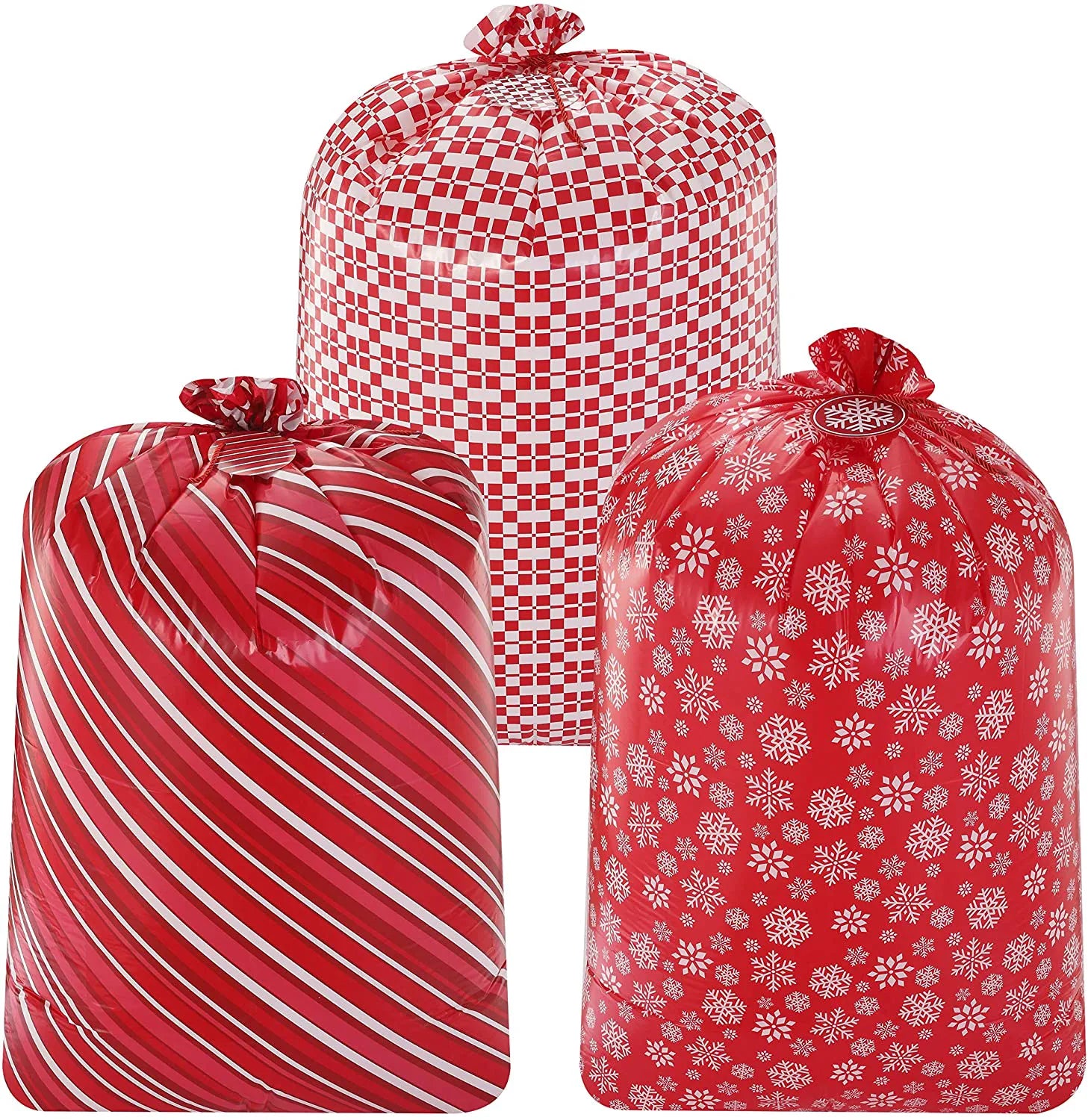 Large Red Holiday Plastic Gift Bags, 3 Pack