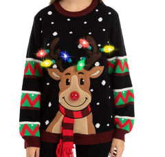 Black Reindeer Ugly Christmas Sweater with Light Bulbs