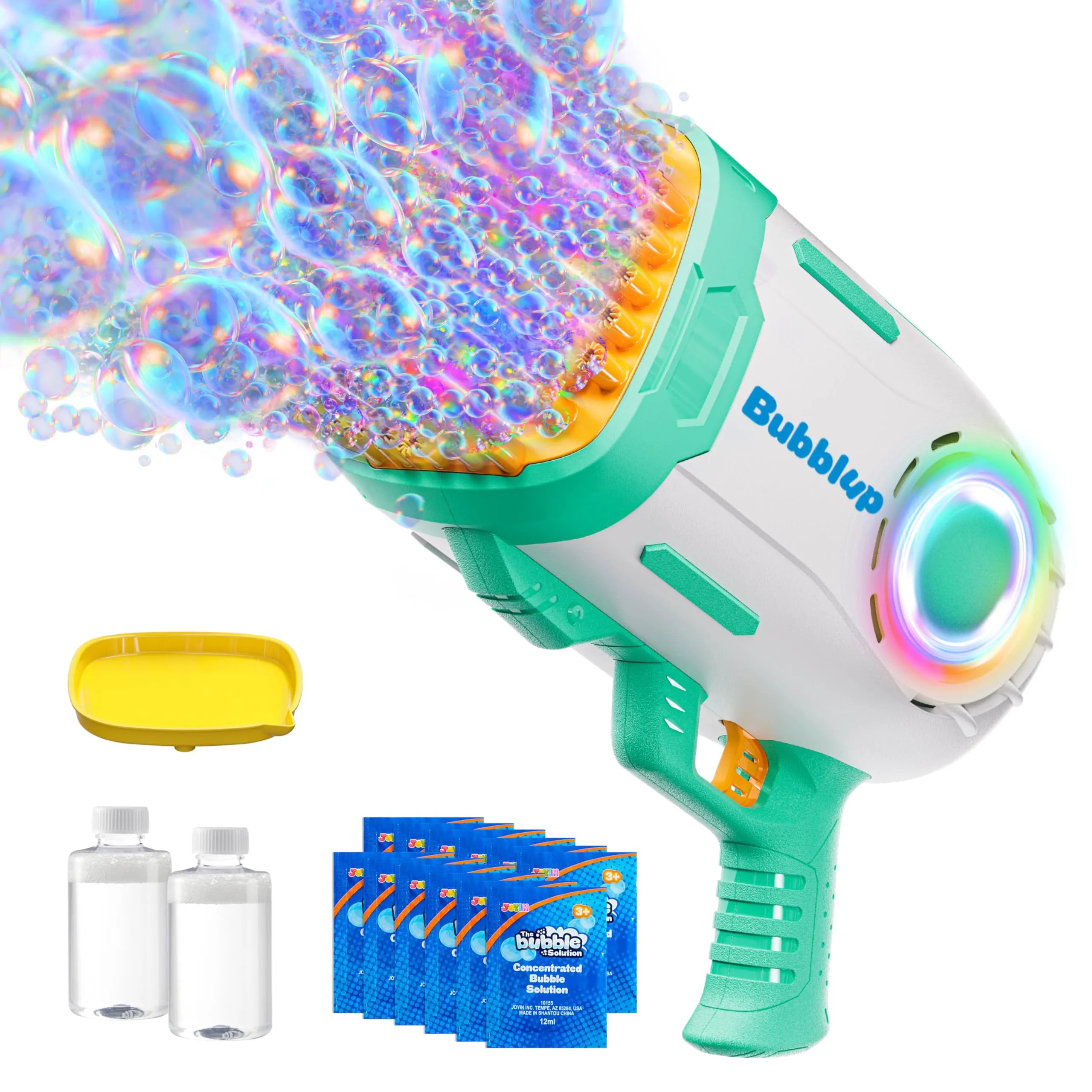 Play-Act 69-Hole Bubble Machine Gun Toy, Bazooka Rocket Shape Bubble Gun for Kids & Adults, Colored Lights Blaster with Solution