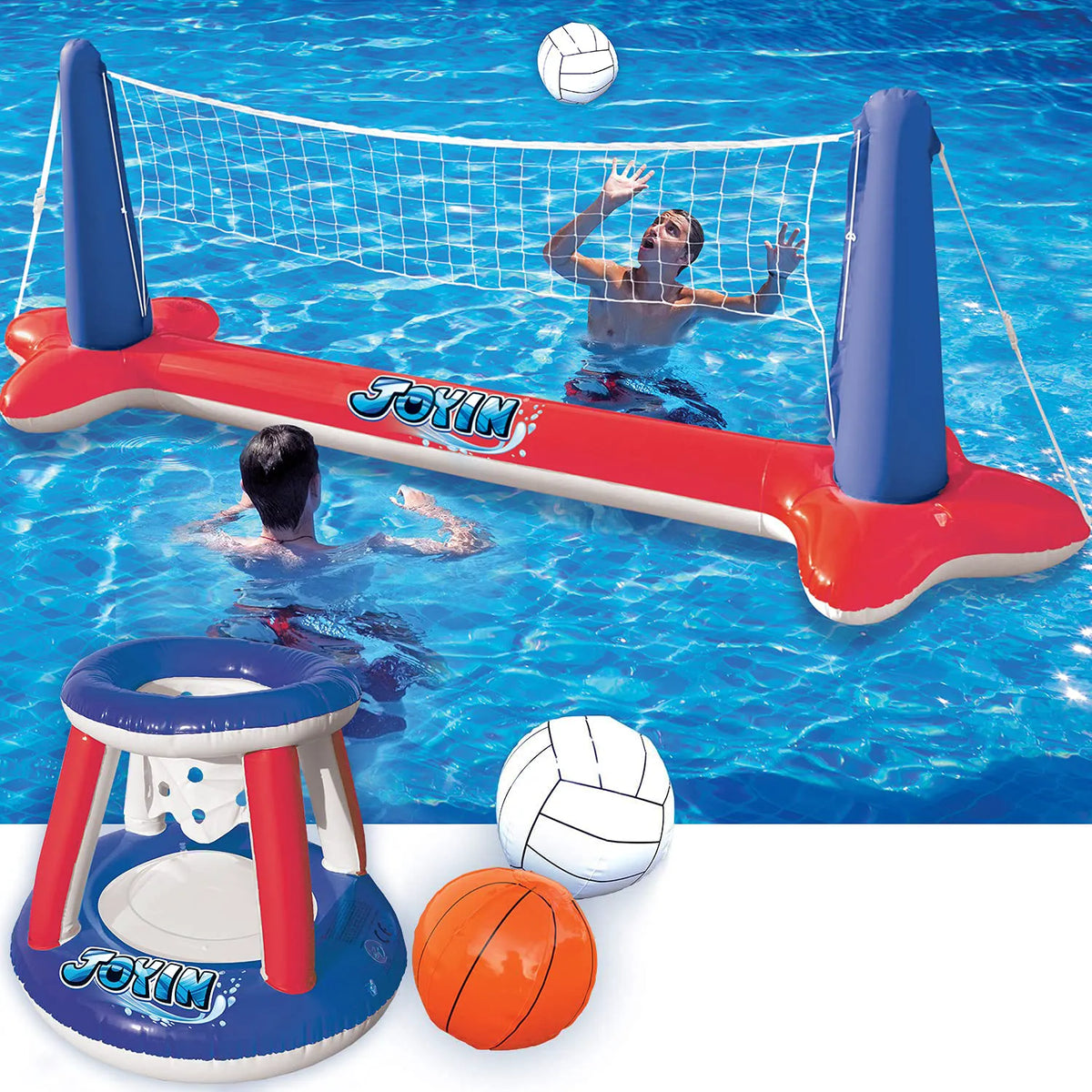 SLOOSH Inflatable Pool Float Set with Volleyball Net and Basketball Hoops, Red and Blue