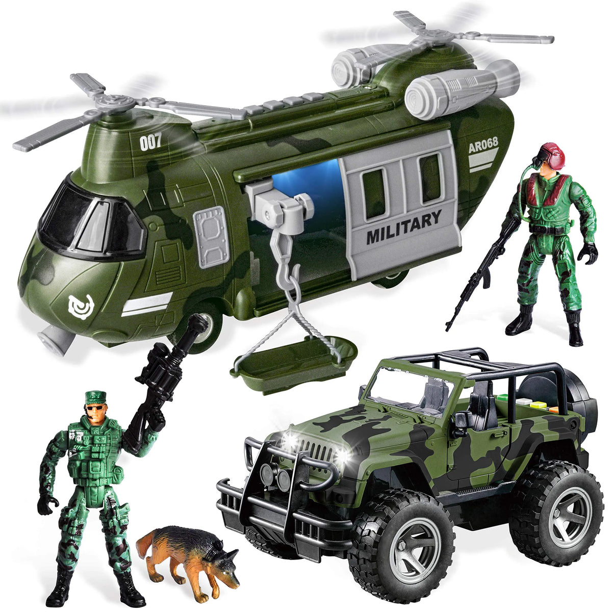Friction Powered Helicopter & Military Truck Set
