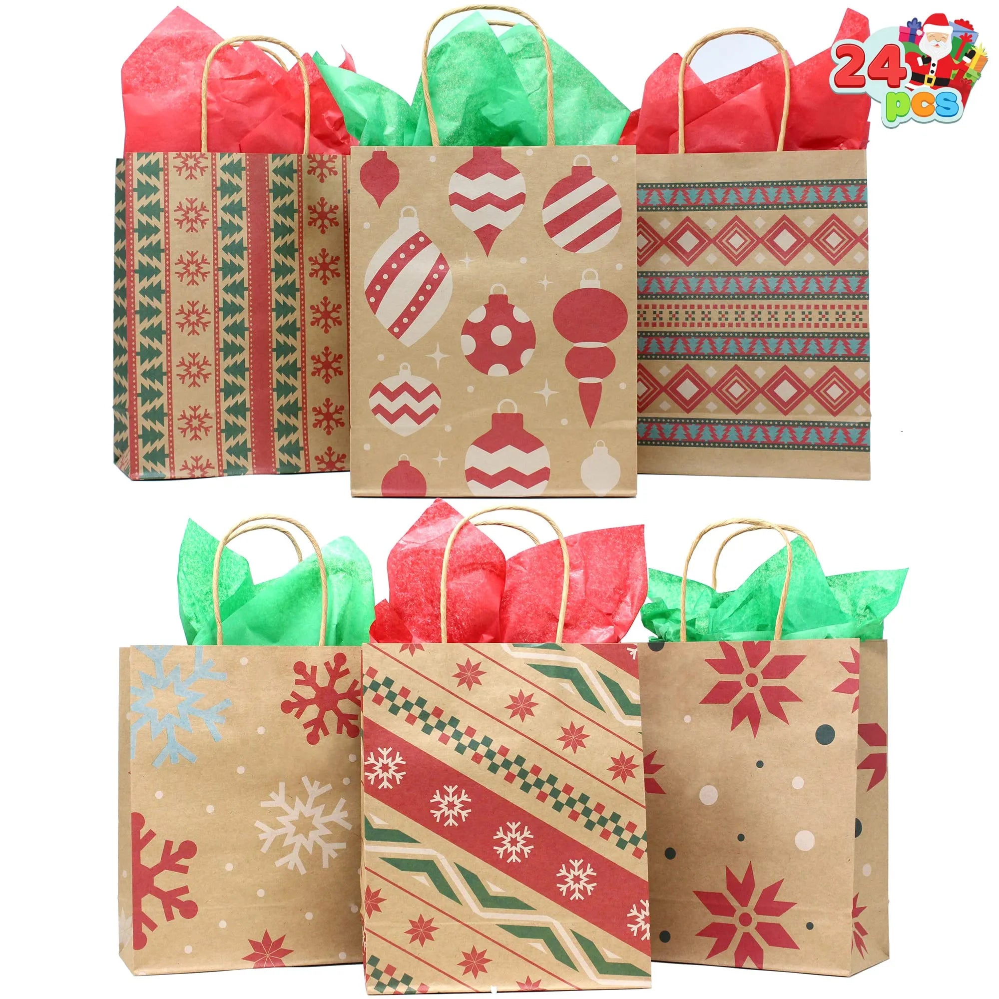 24 Pack Christmas Kraft Gift Bags with Assorted Holiday Prints