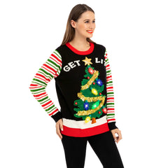 Get Lit Christmas Tree Ugly Sweater with Light Bulbs (Women)
