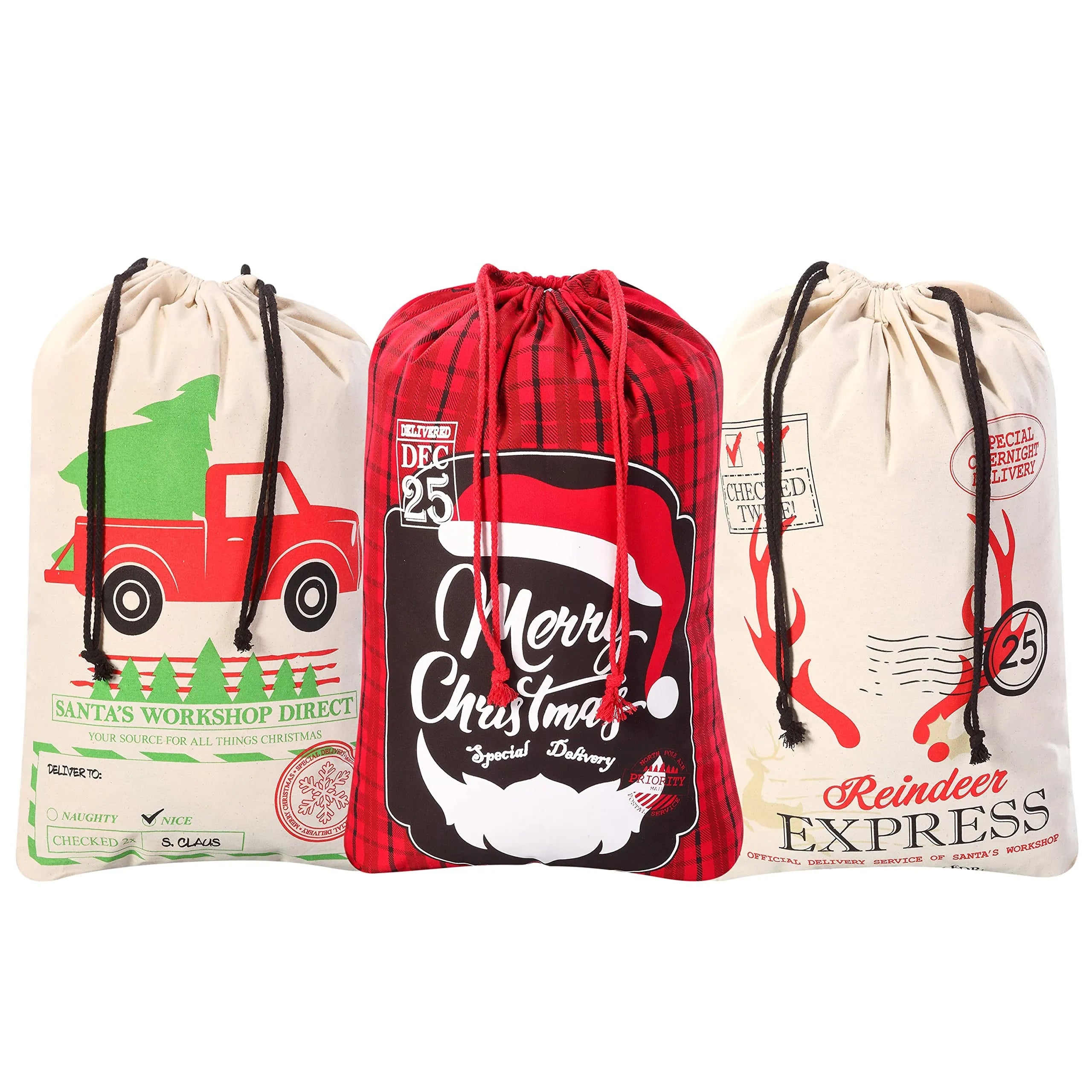 Christmas Canvas Burlap Gift Bags (3-Pack)
