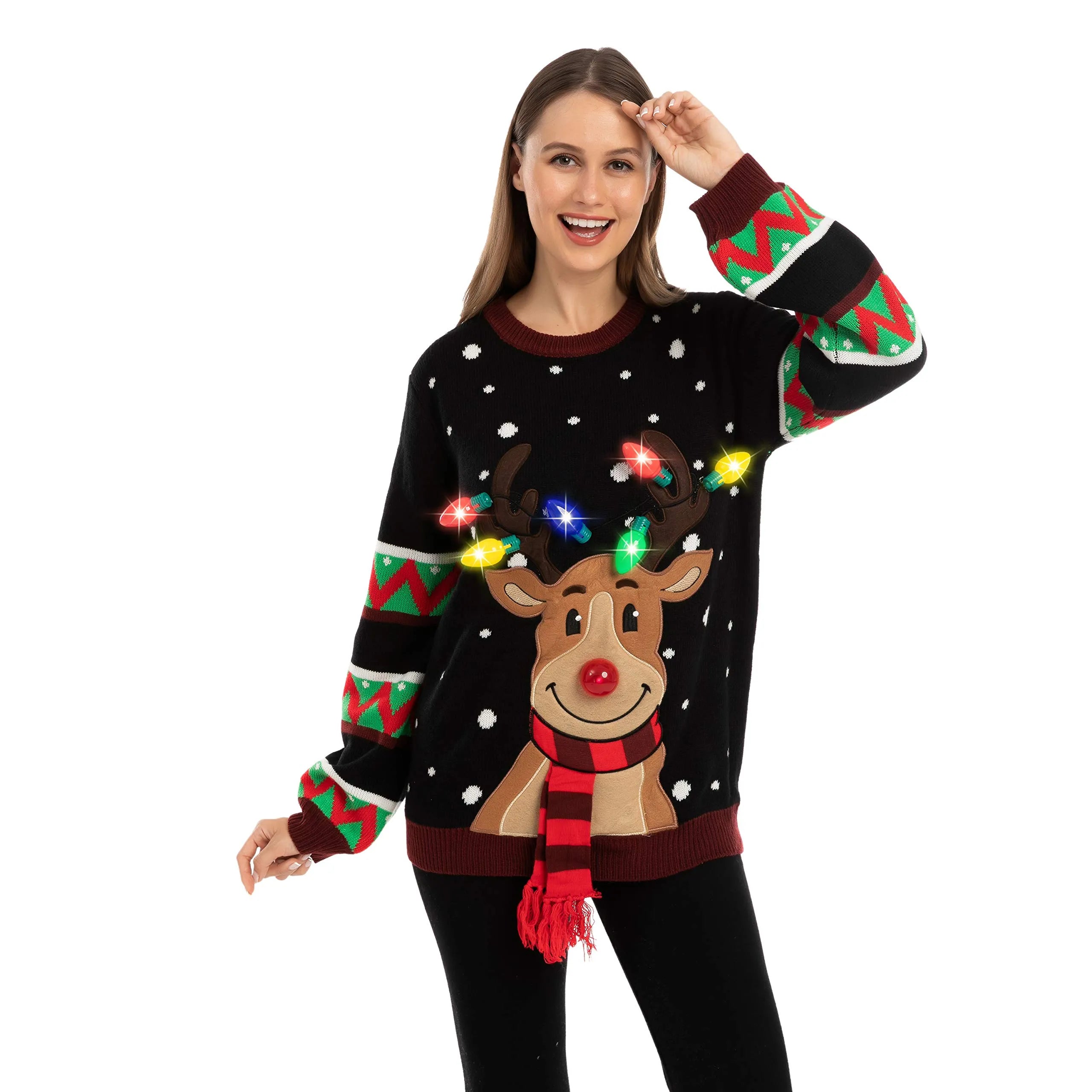 Black Reindeer Ugly Christmas Sweater with Light Bulbs