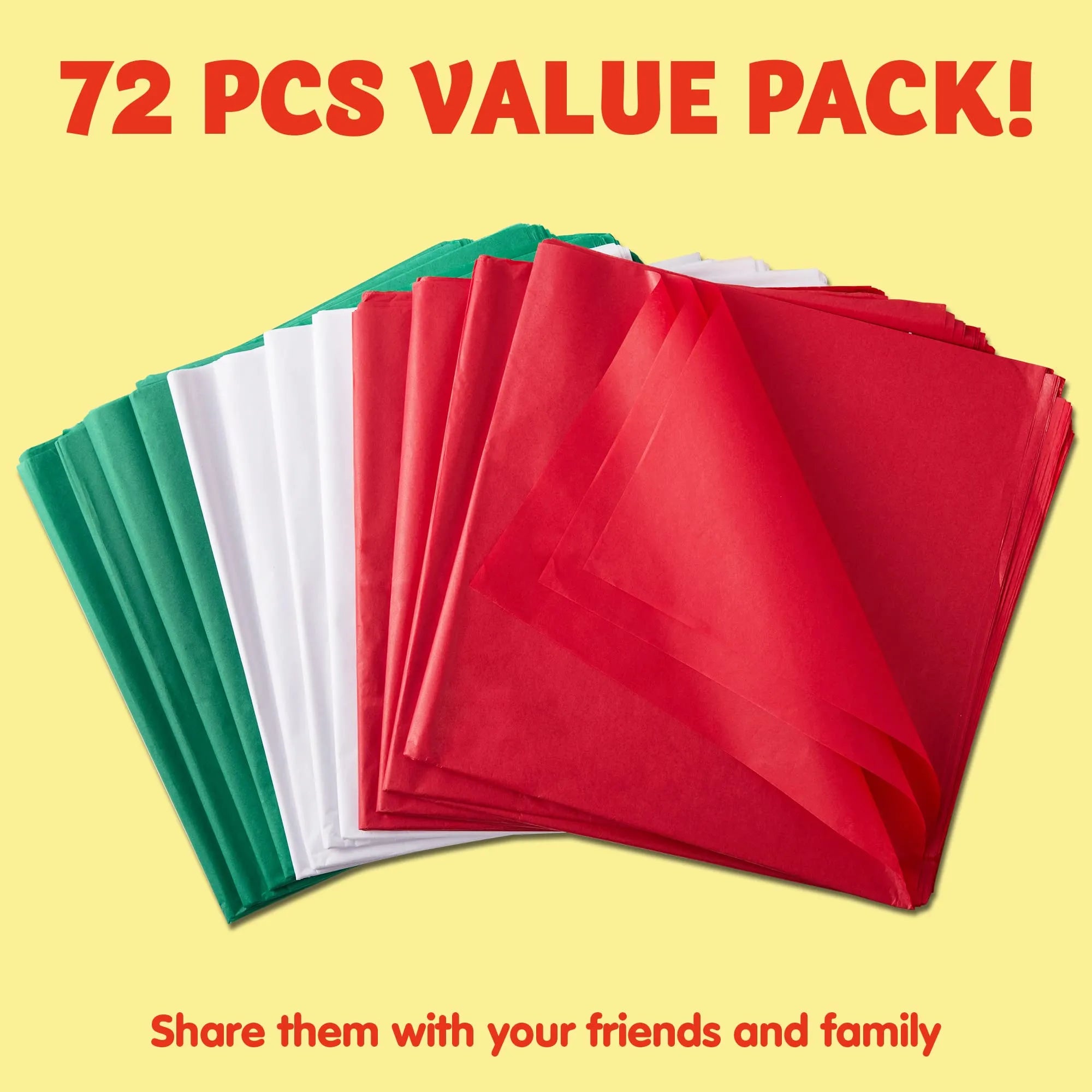 72 Sheets 20x20 Inch Christmas Tissue Paper Assortment (Red, Green & White)
