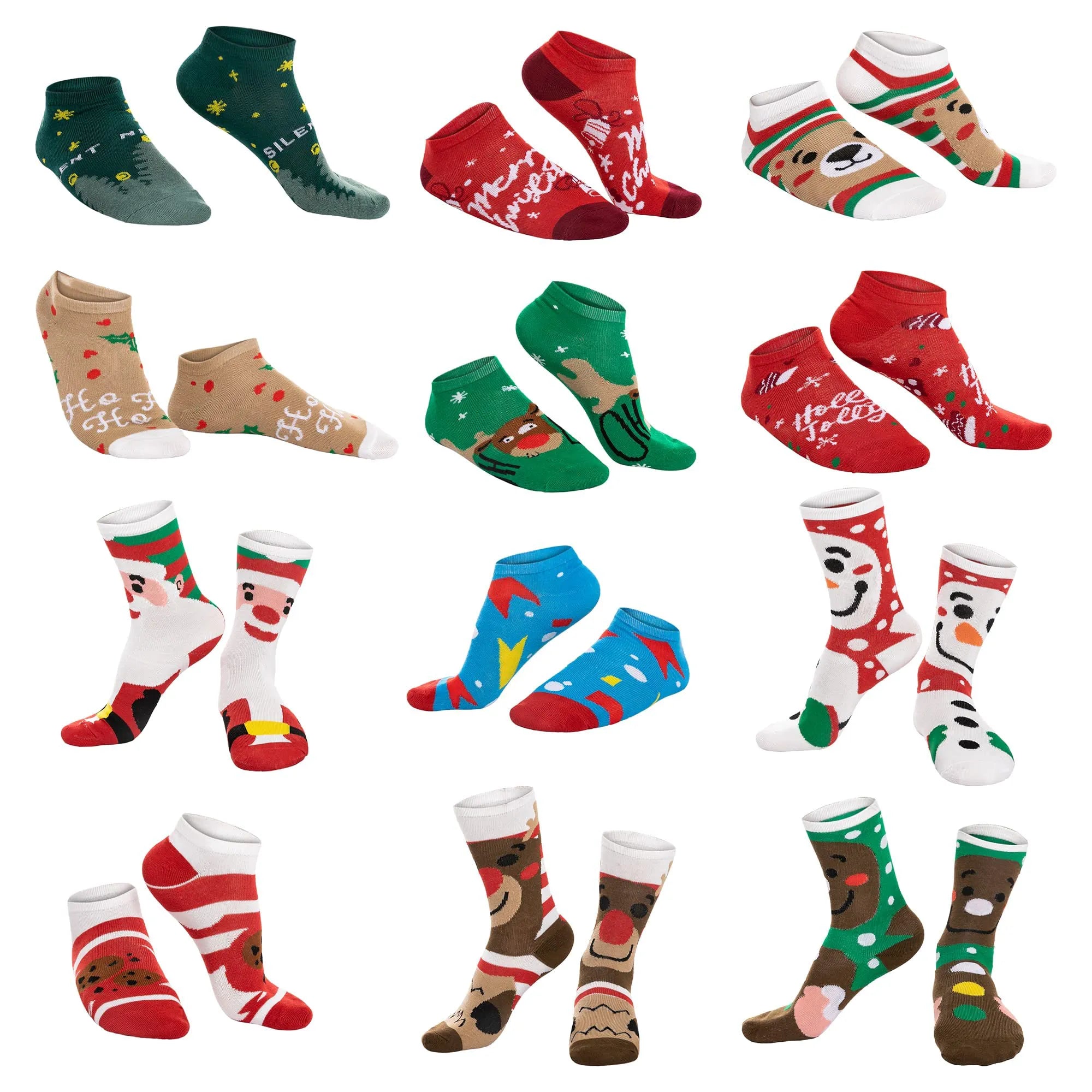 12 Days of Socks Advent Calendar - 12 Pairs (Santa, Snowman, Reindeer, Gingerbread Man)