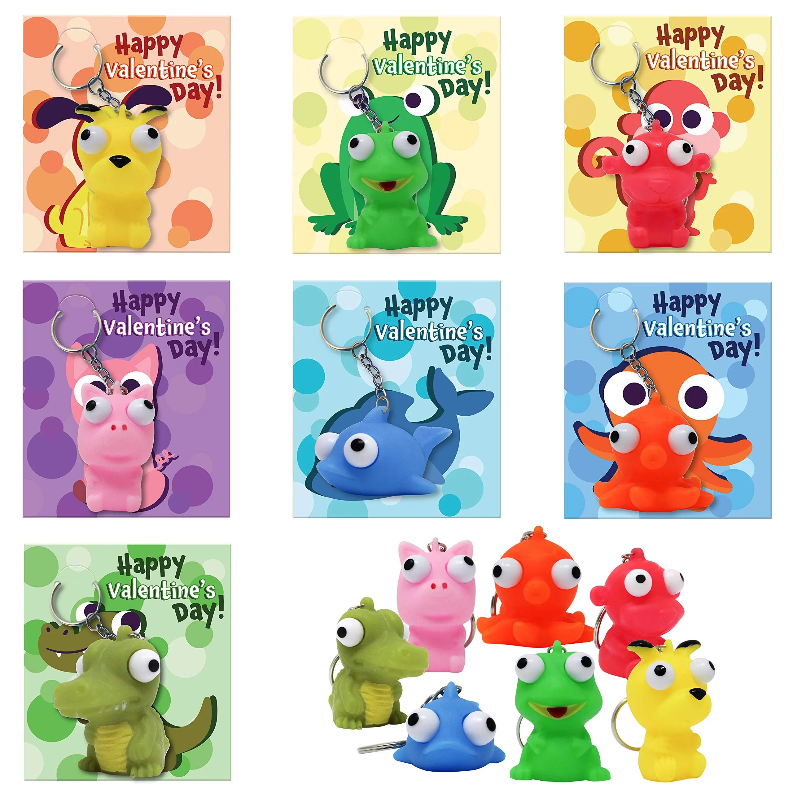 28Pcs Animal Keychains with Bulging Eyes and Kids Valentines Cards