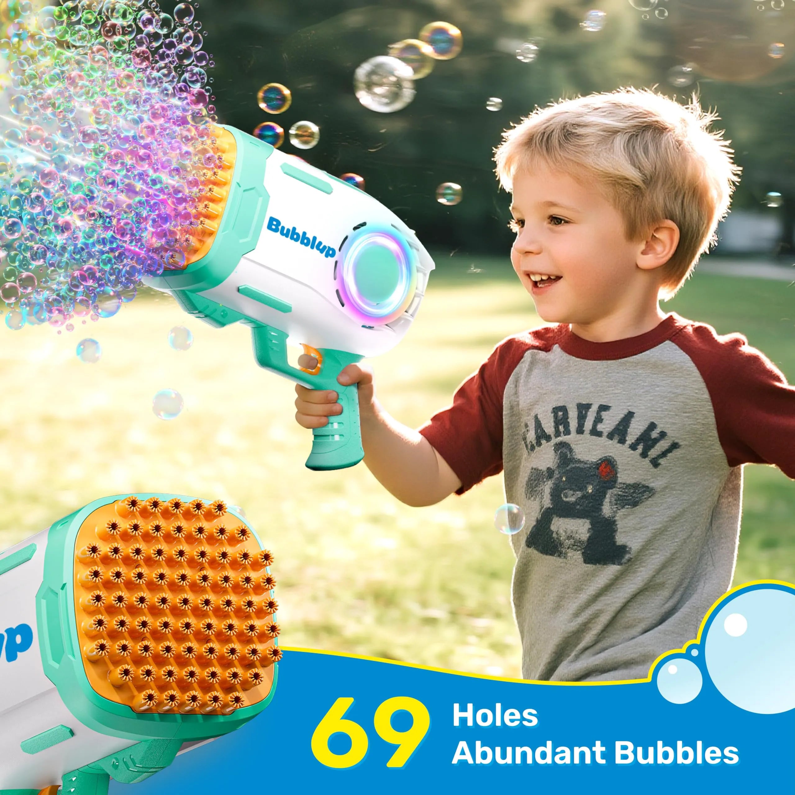 Play-Act 69-Hole Bubble Machine Gun Toy, Bazooka Rocket Shape Bubble Gun for Kids & Adults, Colored Lights Blaster with Solution