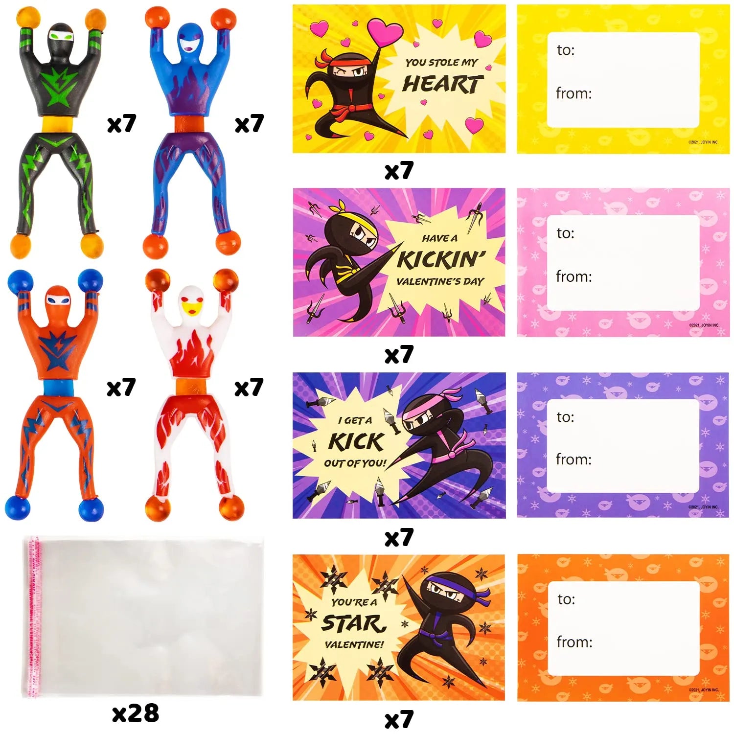 28 Pcs Sticky Climbing Ninja with Kids Valentine's Cards for Valentine Party Favors