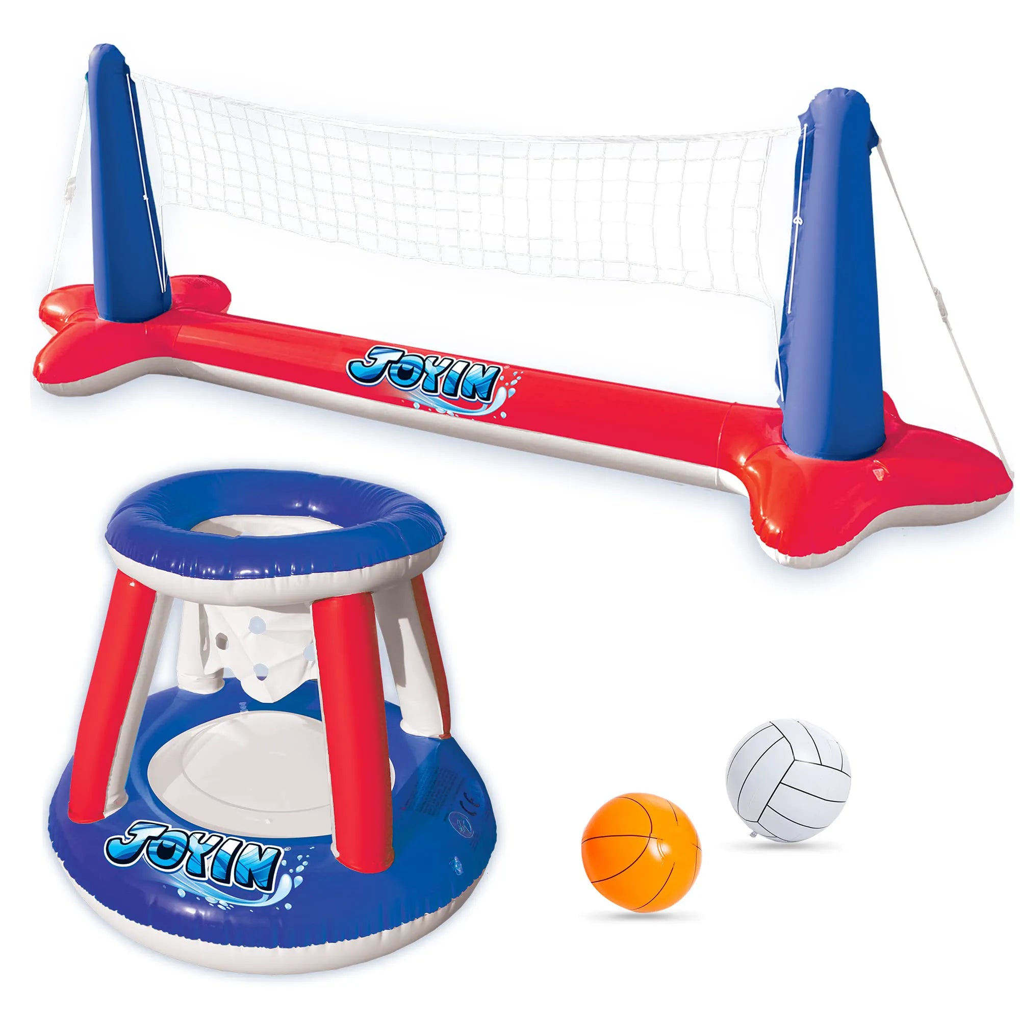SLOOSH Inflatable Pool Float Set with Volleyball Net and Basketball Hoops, Red and Blue