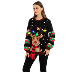Black Reindeer Ugly Christmas Sweater with Light Bulbs