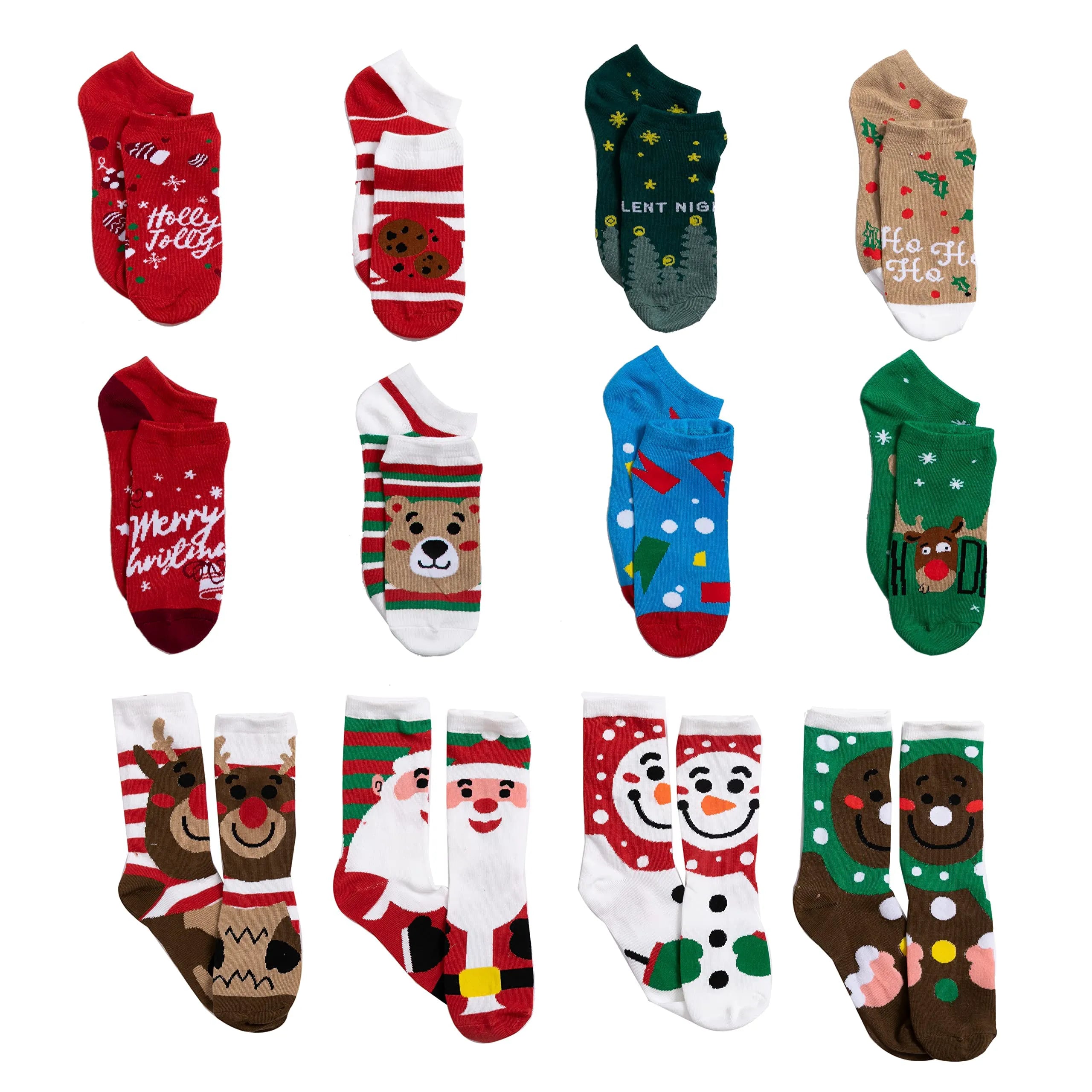 12 Days of Socks Advent Calendar - 12 Pairs (Santa, Snowman, Reindeer, Gingerbread Man)