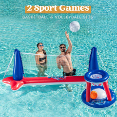 SLOOSH Inflatable Pool Float Set with Volleyball Net and Basketball Hoops, Red and Blue