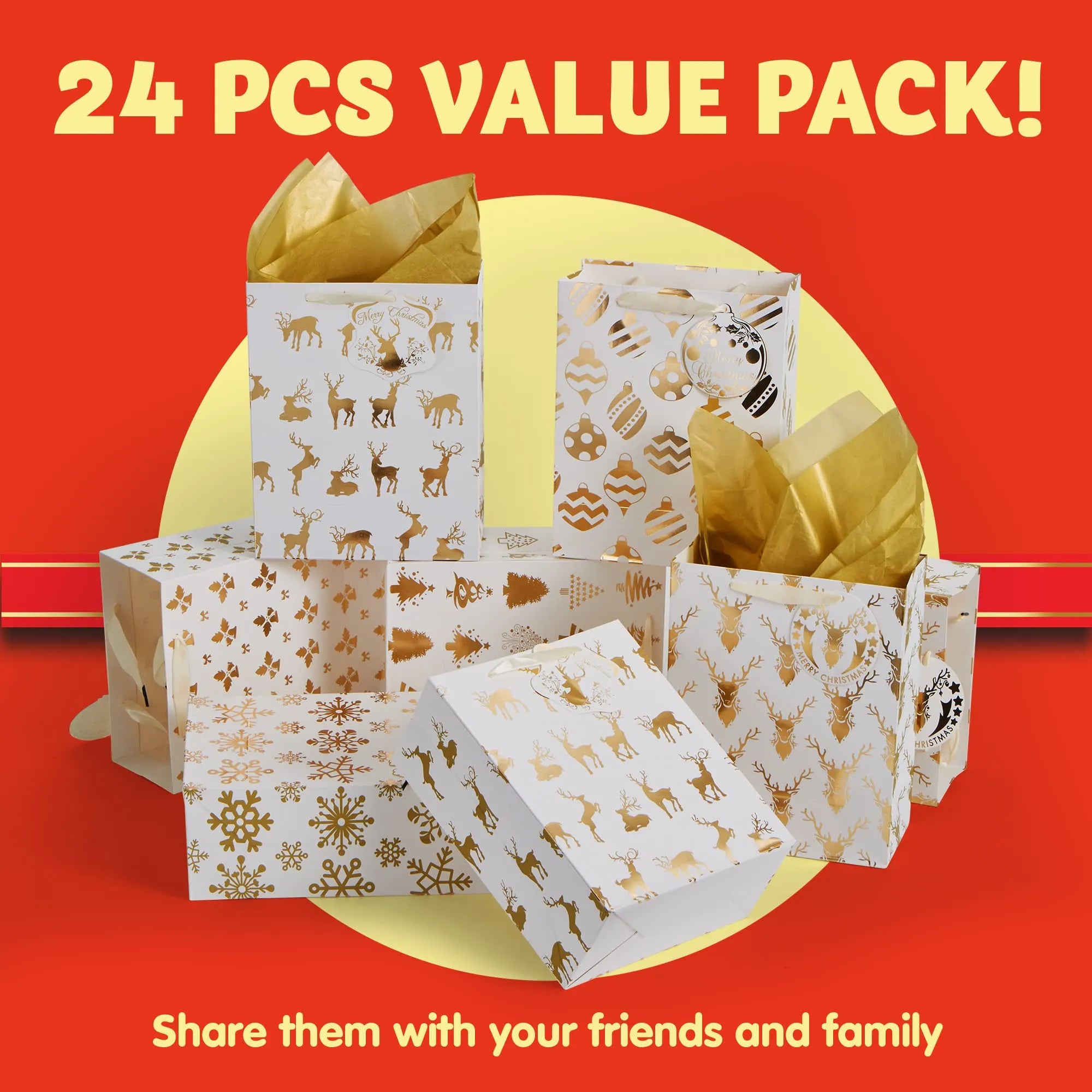 24Pcs Christmas Foil Gold Gift Bags