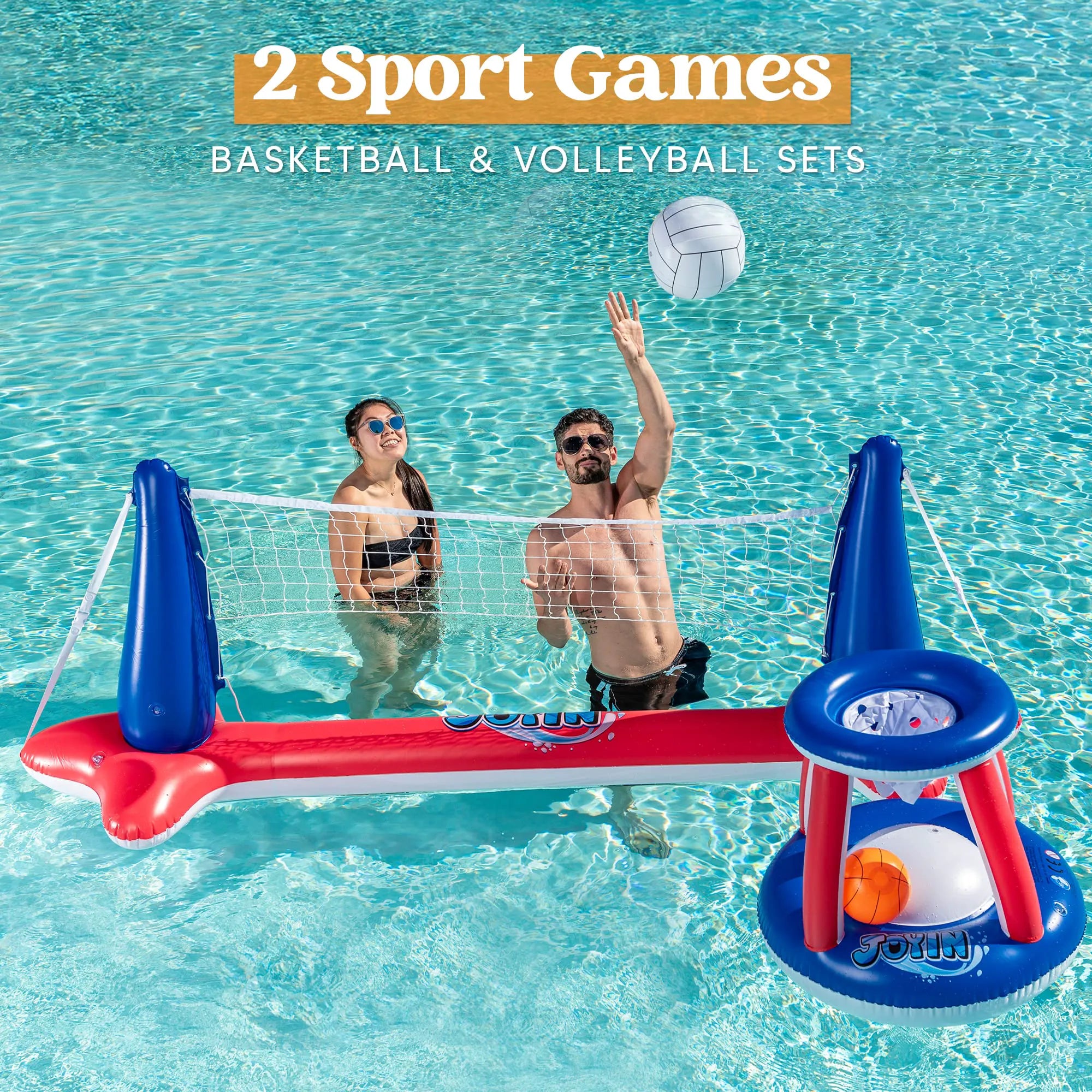 SLOOSH Inflatable Pool Float Set with Volleyball Net and Basketball Hoops, Red and Blue