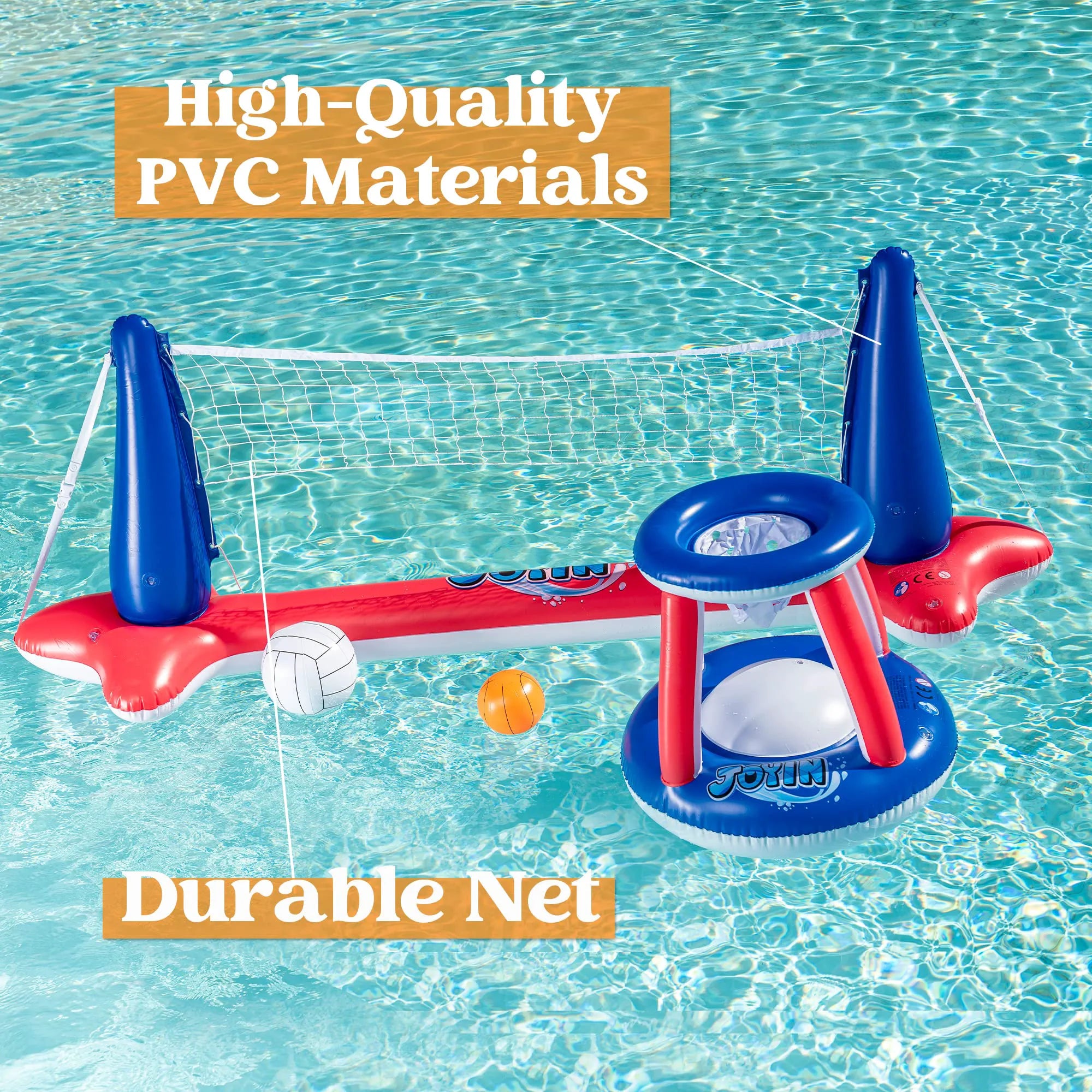 SLOOSH Inflatable Pool Float Set with Volleyball Net and Basketball Hoops, Red and Blue