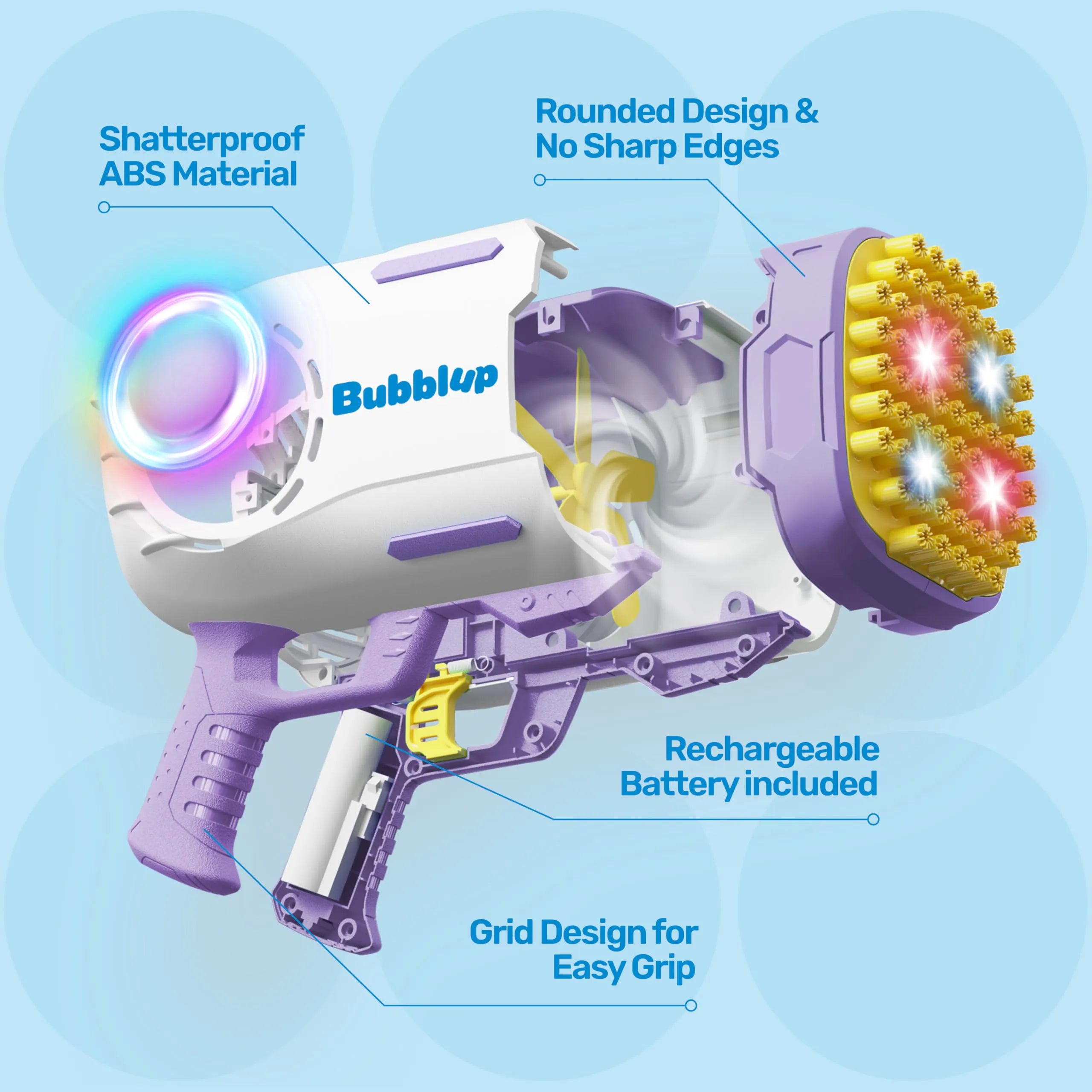 Play-Act 69 Holes Bubble Machine Guns Toys, Bazooka Rocket Shape Bubble Gun for Kids Adults, Colored Lights Blaster Blower with Solution,purple
