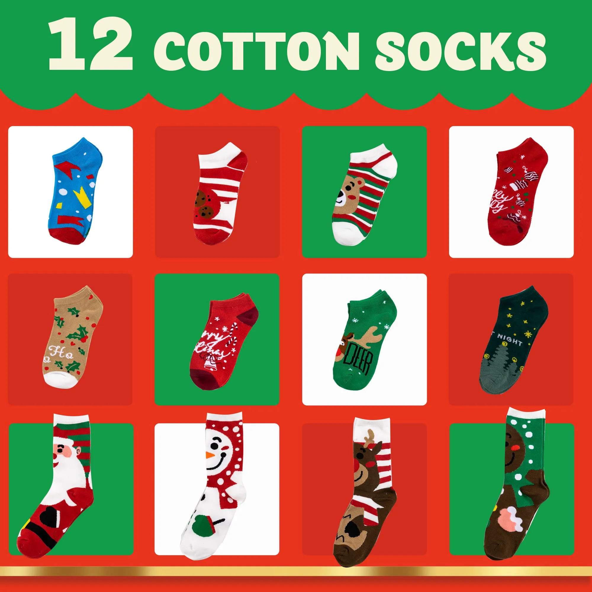 12 Days of Socks Advent Calendar - 12 Pairs (Santa, Snowman, Reindeer, Gingerbread Man)