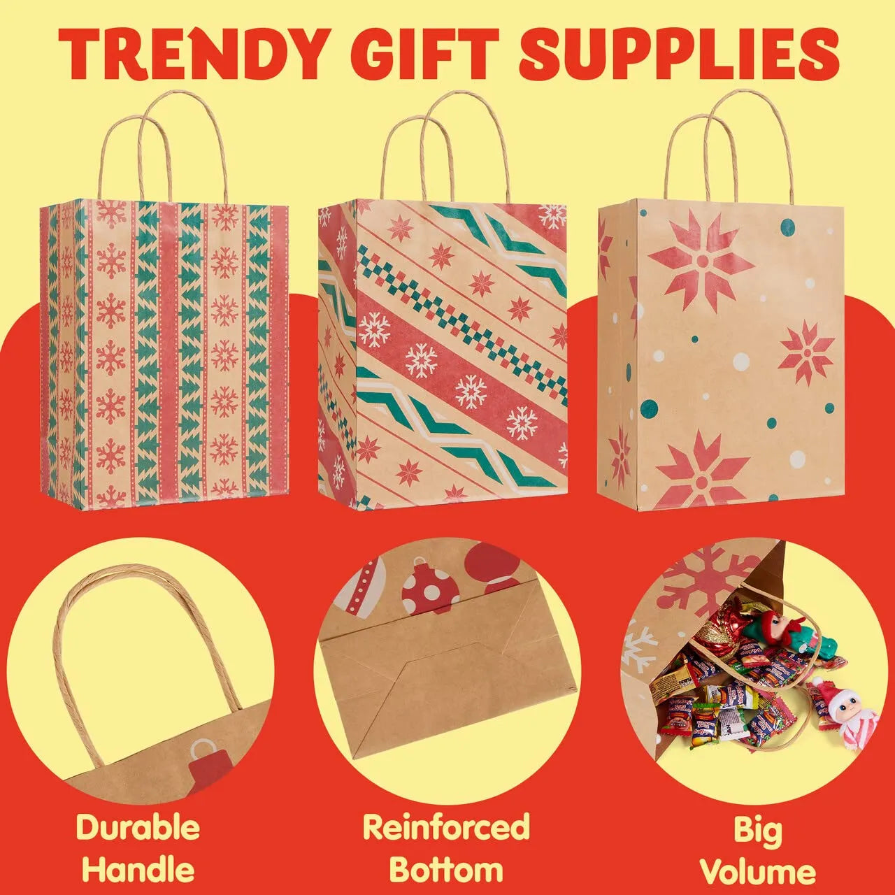 24 Pack Christmas Kraft Gift Bags with Assorted Holiday Prints